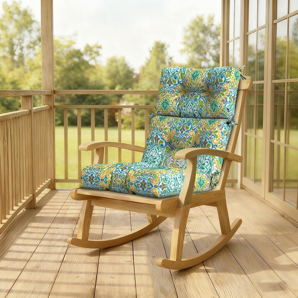DYTXIII Outdoor High Back Chair Cushions Set of 2, Water Repellent Tufted Rocking Seat Cushions Replacement 44 x 22 Inch, Seat & Back Chair Pads for Patio, Balcony and Indoor Use -Damask Green