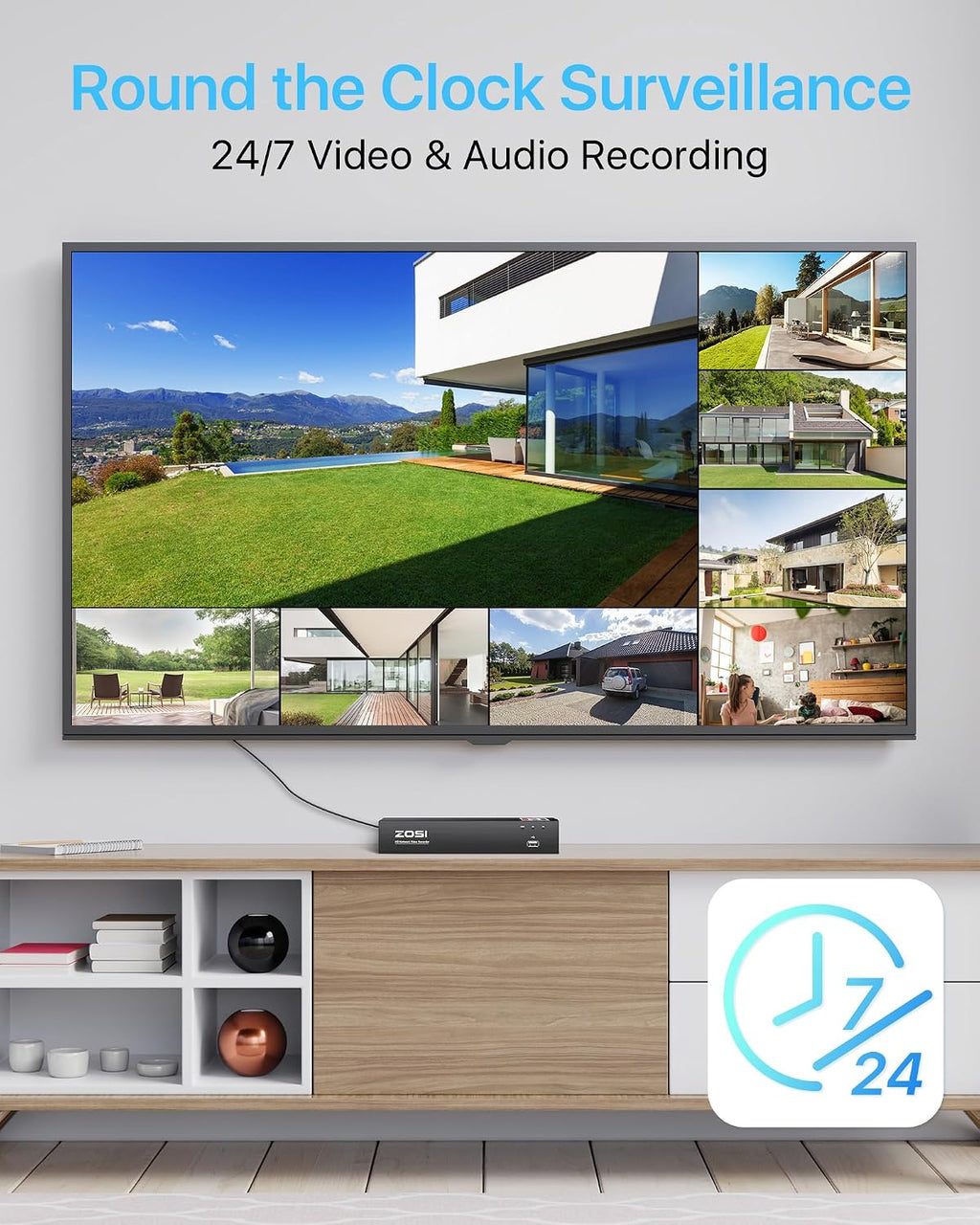 ZOSI 4K 8CH Spotlight PoE Security Camera System,4pcs 5MP Indoor Outdoor PoE IP Cameras with Person Vehicle Detection,Color Night Vision,8CH 8MP 4K NVR with 2TB HDD for 24/7 Recording,No Monthly Fee