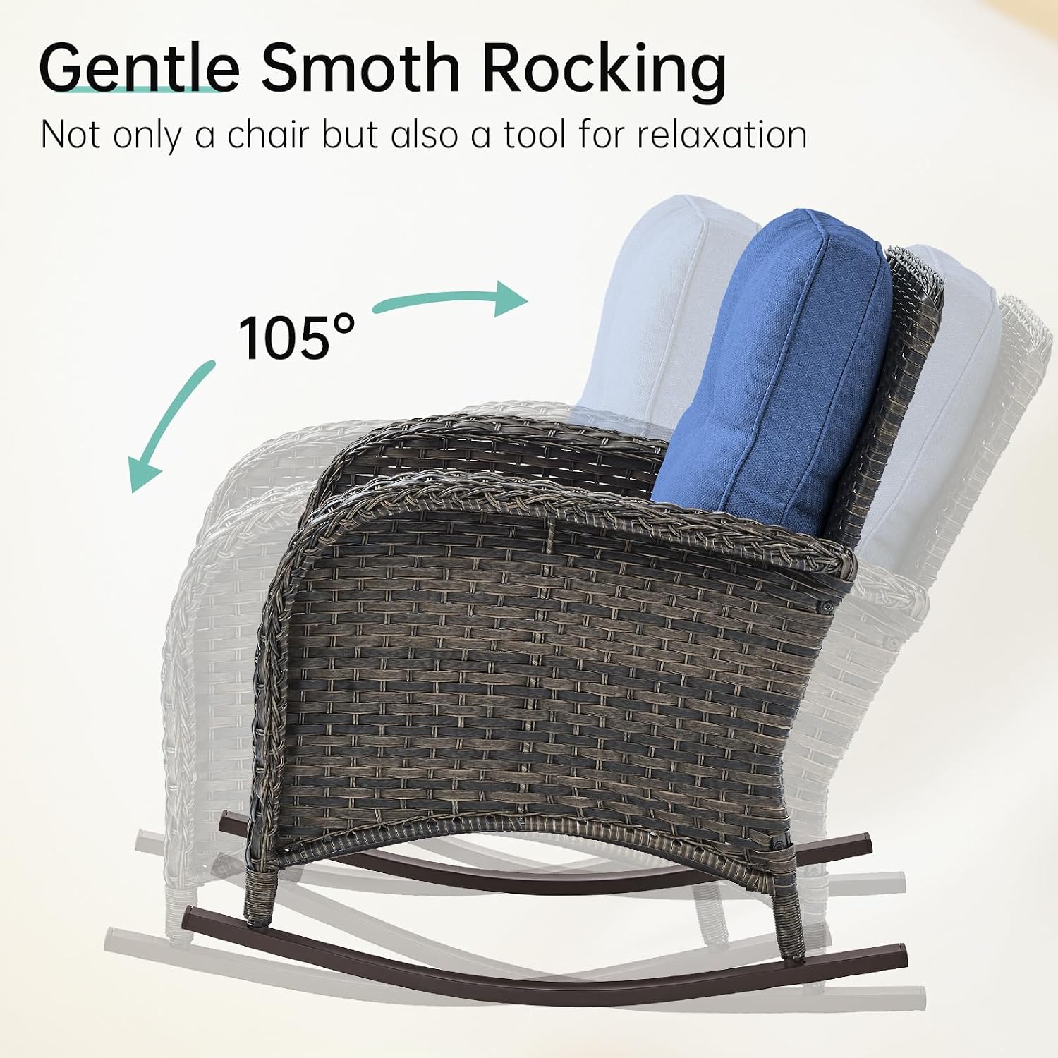 Patio Rocking Chair - 3 Peices Outdoor Wicker Rocker Porch Chair Set with Tempered Glass Side Table, 300 Lb Weight Capacity Rattan Seating for Balcony Garden Brown-Blue