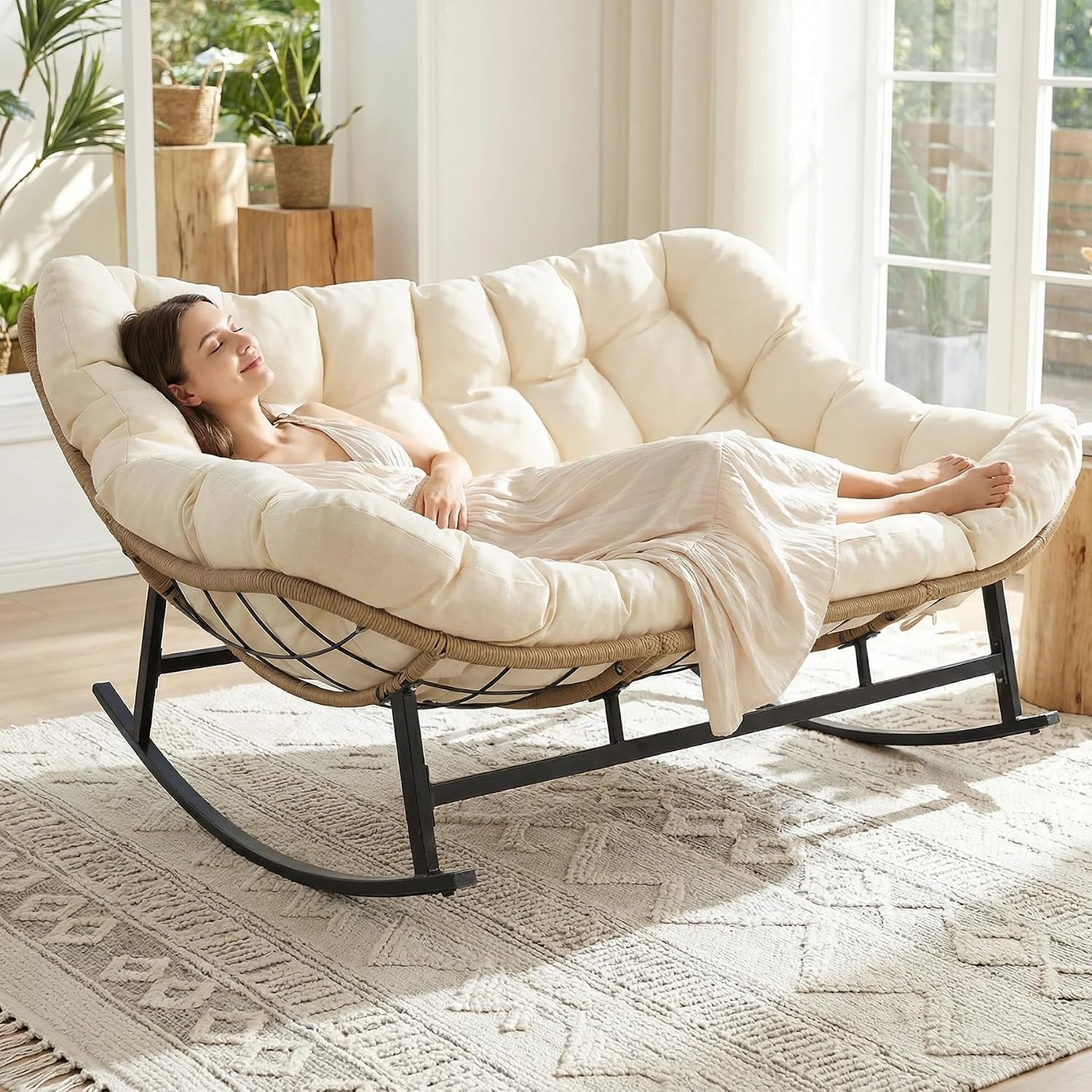 RADIATA Oversized Patio Rocking Chair for 2, Outdoor Double Papasan Chair with Cushion and Frame for Relaxing/Reading, Heavy-Duty Comfy Wicker Loveseat Recliner for Garden, Deck, Livingroom