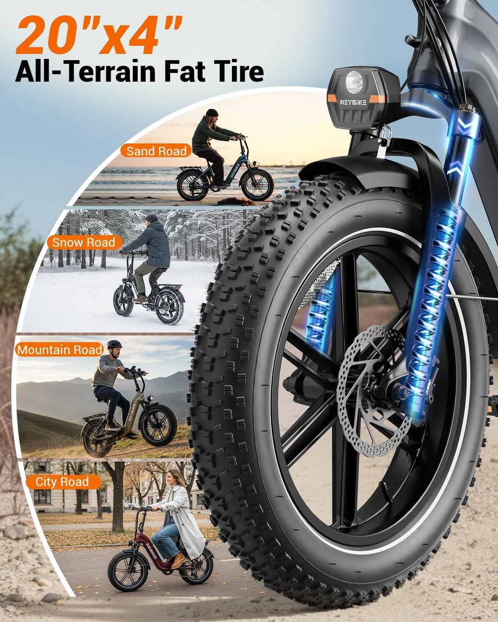 Heybike Ranger Foldable Electric Bike for Adults, 1200W/1800W Peak Motor, 28/32MPH E Bike, 55/90 Miles Range, 20'x4.0' Fat Tire Ebike with Removable Battery, Hydraulic Brakes for Snow, Beach,Commuting