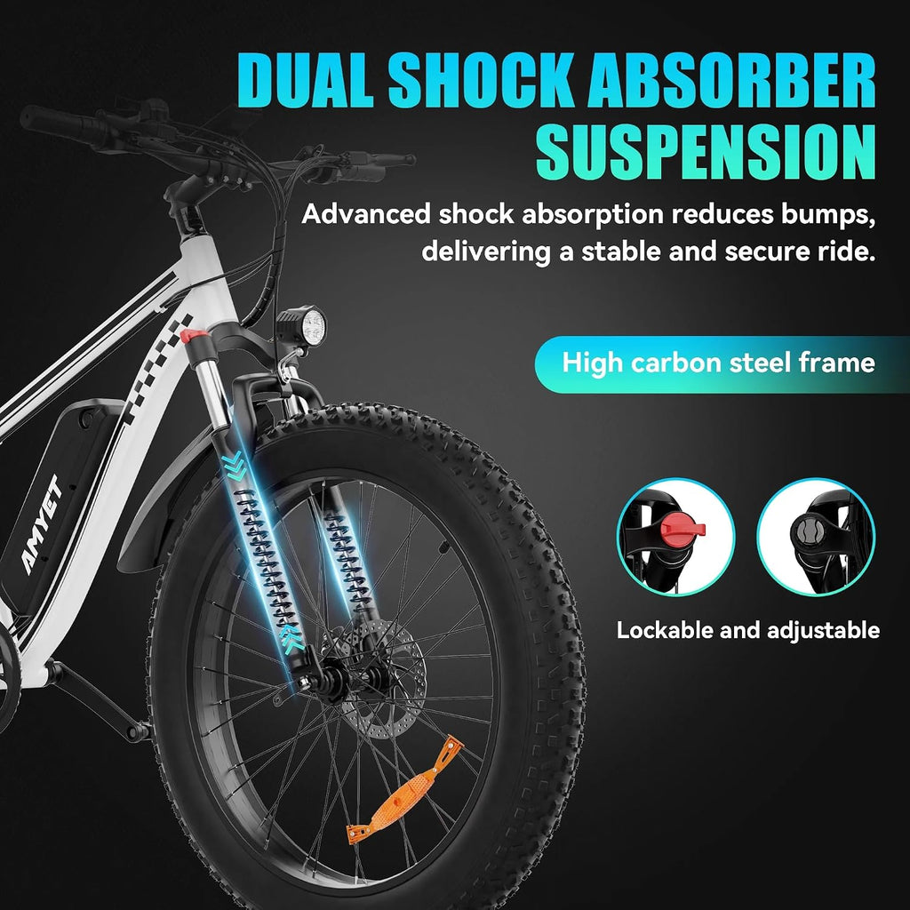 AMYET EB26 Electric Bike for Adults Peak 1500W Electric Bicycle 48V 15AH (720WH) Battery Electric Bike 26' Fat Tire Mountain 28mph 7 Speed Gears Ebike (White)