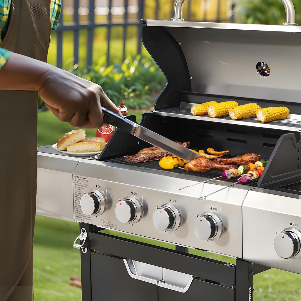 4 Burner Propane Gas Grill 51,000 BTU Stainless Steel Barbecue Grill with Side Burner and Cover Portable Outdoor BBQ Grill Flame Regulator and Steel Wire Insulation Frame for Patio Garden Camping