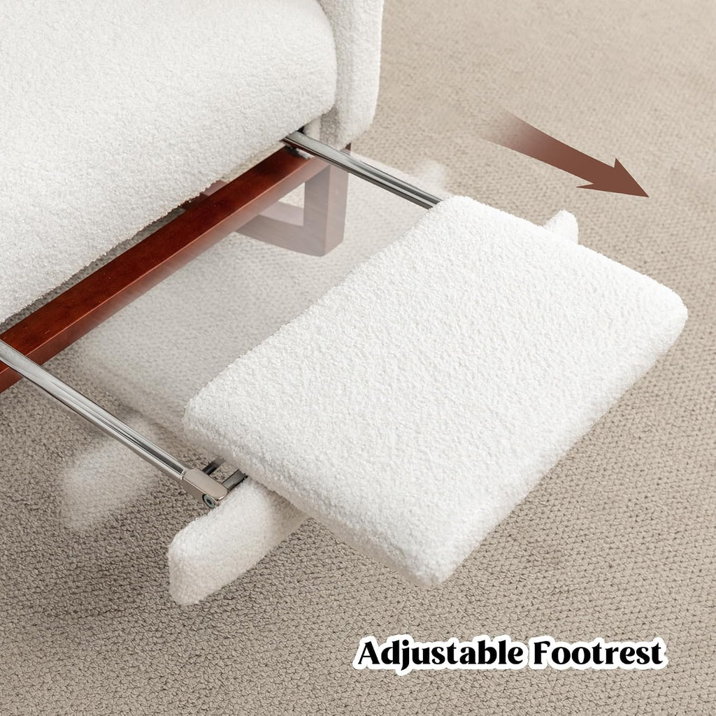 HCHAIRH Rocking Chair Nursery with Foot Rest, Wingback Nursery Rocking Chairs Sherpa Nursing Chairs Glider Rocker with Pillow for Living Room, Bedroom, Teddy White