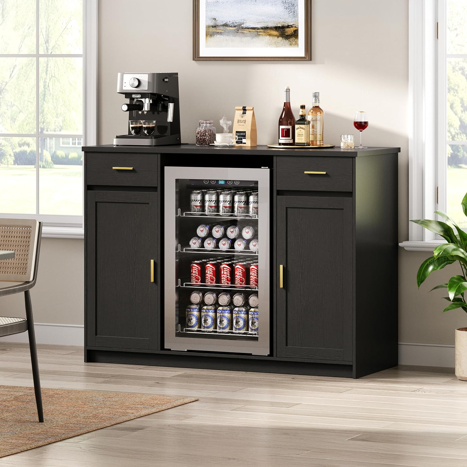 Herture Mini Fridge Cabinet,Coffee Bar Cabinet with Fridge Space & Wine Storage with Outlets,Fits 24' Fridge,Mini Fridge Stand,Buffet Sideboard Table Wine Cabinet for Kitchen Dining Room Black KH04MRB