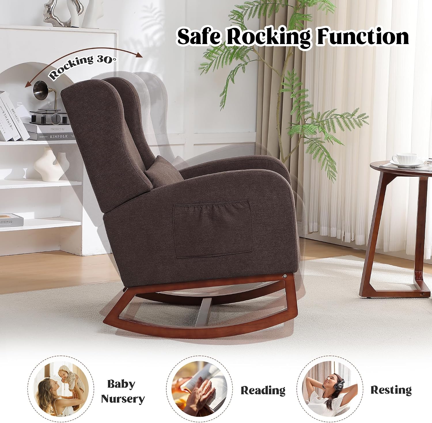 HCHAIRH Rocking Chair Nursery with Foot Rest, Wingback Nursery Rocking Chairs, Nursing Glider Rocker Chair with Pillow and High Back for Nursery, Living Room, Bedroom, Coffee