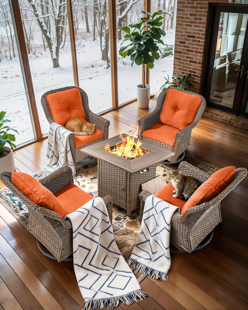 Patio Chairs Outdoor Swivel Glider - Set of 4 High Back Outside Brown Wicker Rattan Rocking Chair with Thick Cushion for Porch Apartment Deck Yard Poolside Garden - Orange