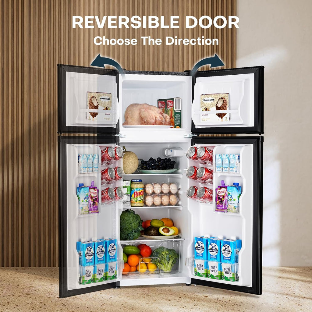 Upstreman 4.0 Cu.Ft. Mini Fridge with Freezer, Dorm Essentials, Double Door Small Refrigerator for Office, Dorm, Bedroom, Adjustable Thermostat, Large Capacity, Black-BR401