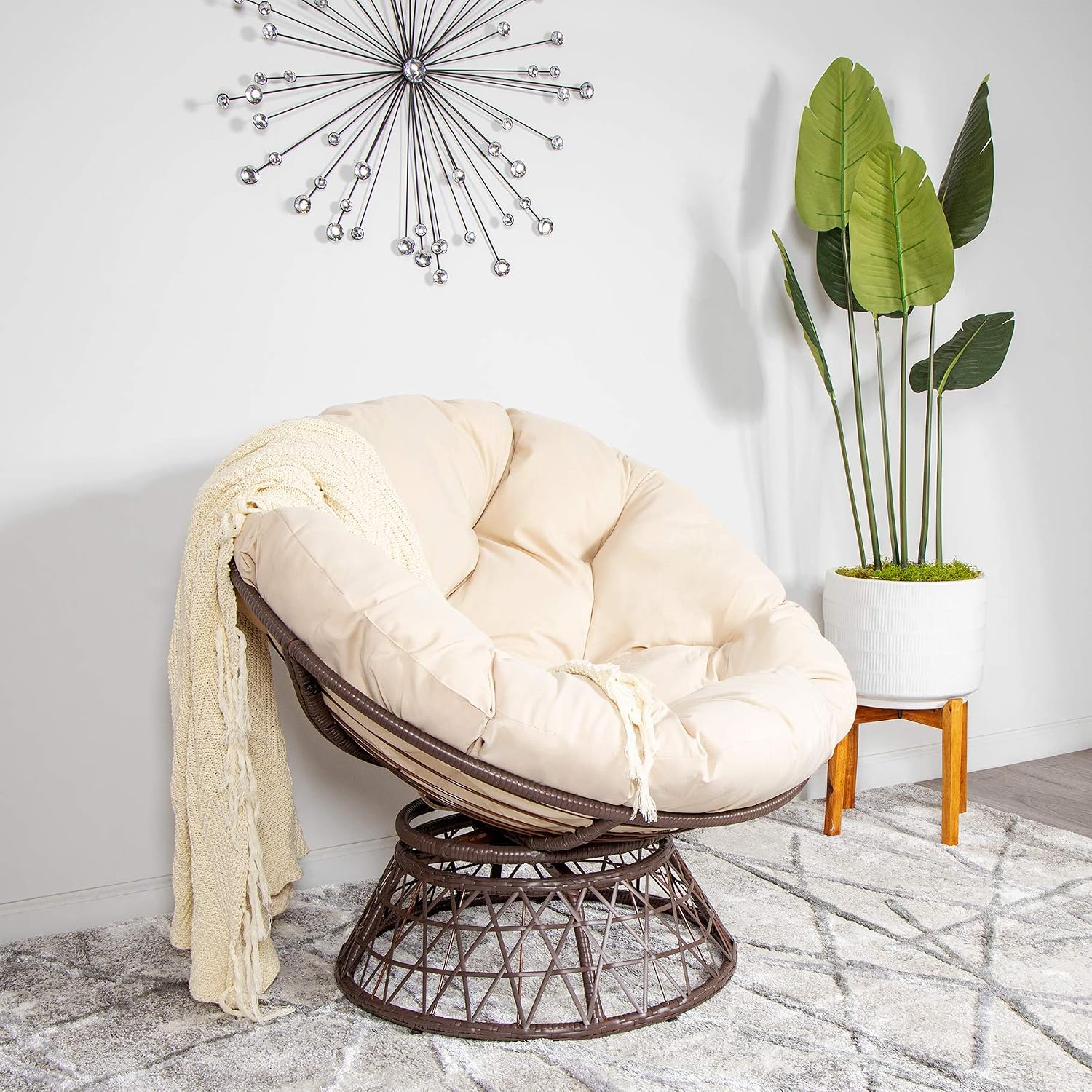 Milliard Wicker Papasan Chair with 360-degree Swivel, Beige Cushion and Brown Frame. Indoor and Outdoor Use
