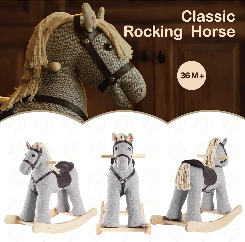 Rock My Baby Rocking Horse, Gray Wooden Rocking Toy, Rocking Animals for Children 2-6 Years Old, Ride on Pony with Realistic Sound, CPC Certified
