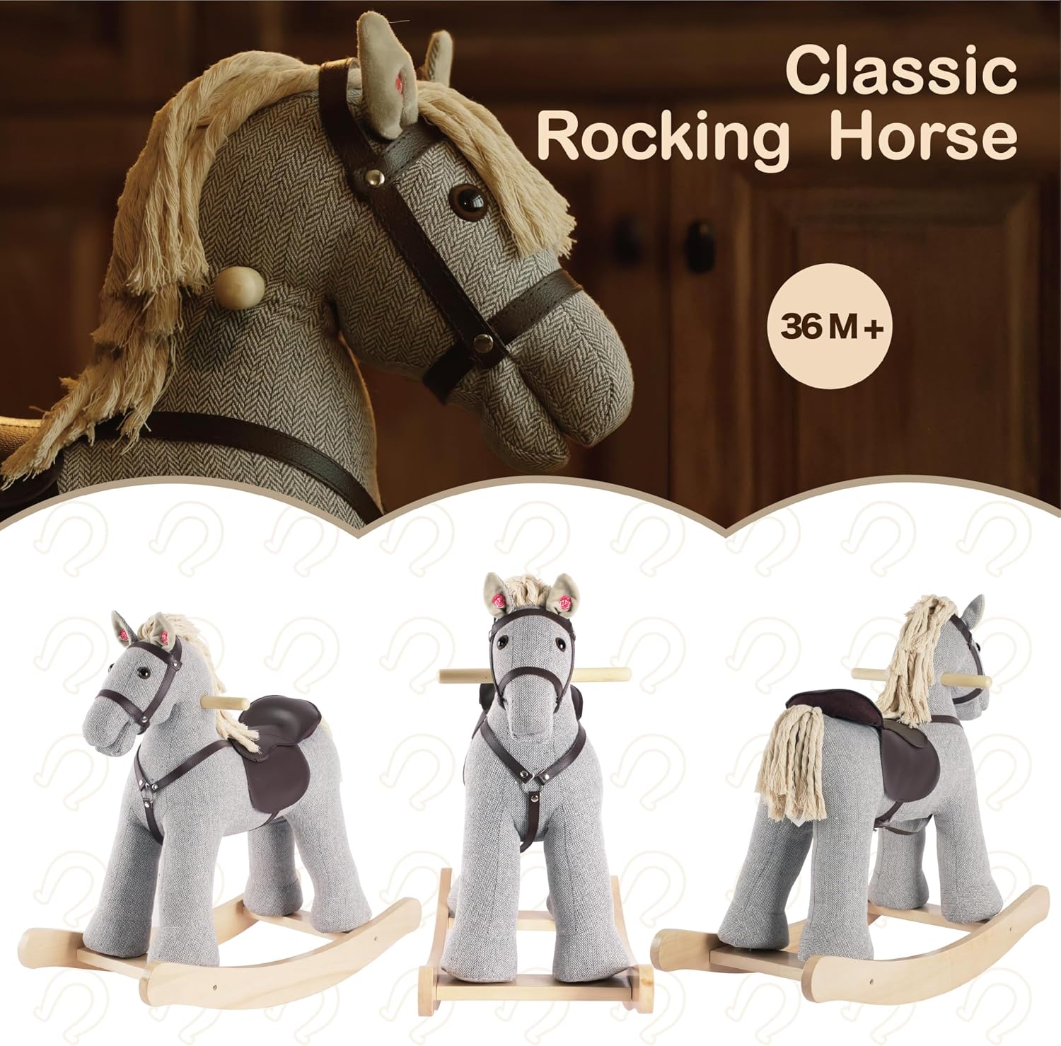 Rock My Baby Rocking Horse, Gray Wooden Rocking Toy, Rocking Animals for Children 2-6 Years Old, Ride on Pony with Realistic Sound, CPC Certified