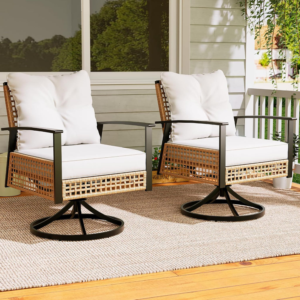LAUSAINT HOME 2 Pieces Outdoor Swivel Rocker Patio Chairs, Wicker Patio Bistro Set with 2 Rocking Chairs, Patio Furniture Set with Thickened Cushions for Porch, Backyard (Beige)