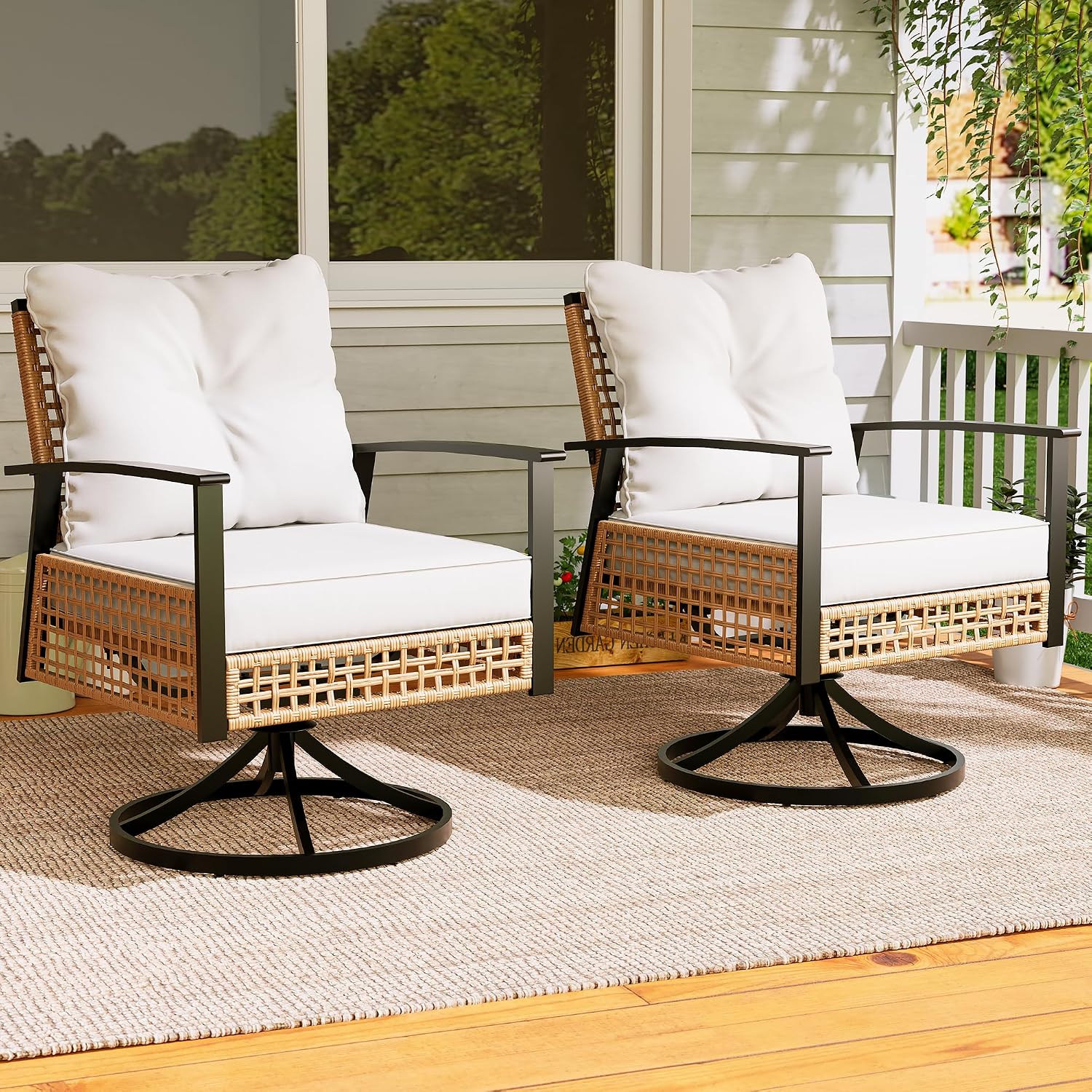 LAUSAINT HOME 2 Pieces Outdoor Swivel Rocker Patio Chairs, Wicker Patio Bistro Set with 2 Rocking Chairs, Patio Furniture Set with Thickened Cushions for Porch, Backyard (Beige)