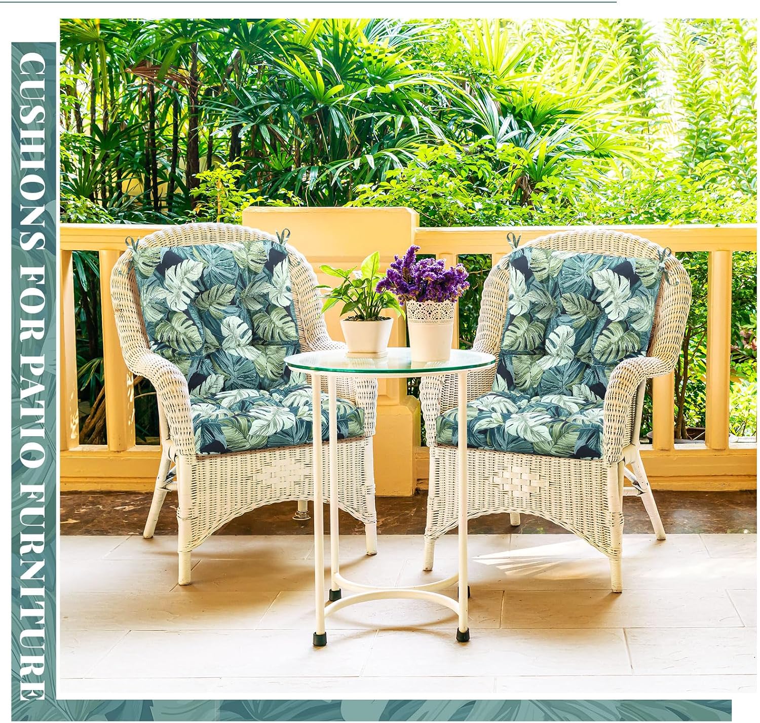 Marsui 4 Pcs Outdoor Indoor High Back Chair Cushions Patio Furniture Tufted Pillow with Ties Water-Resistant Replacement Outdoor Rocking Chair Cushions, 42 x 21 Inches (Green,Leaves)