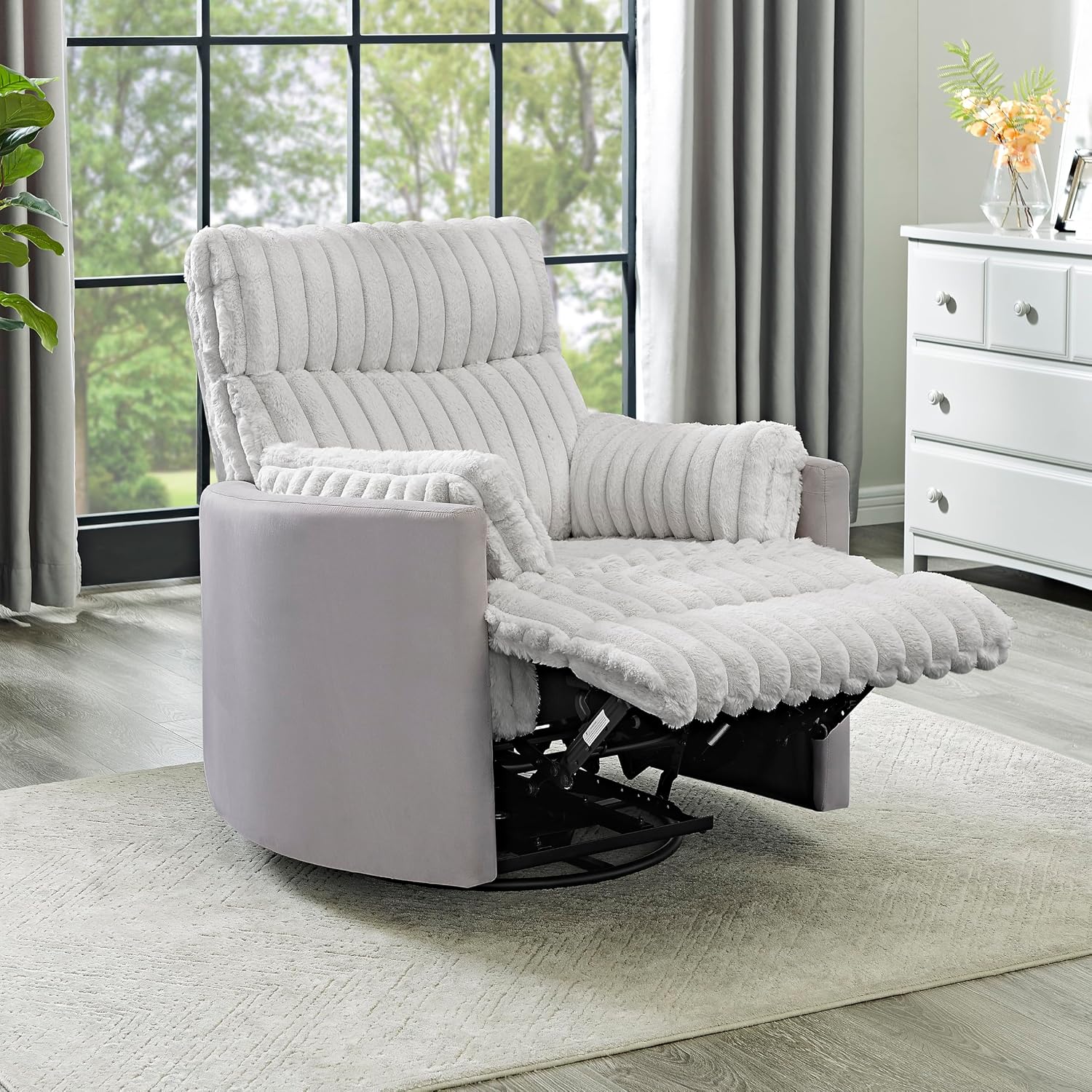 Power Swivel Rocker Recliner for Adults, Cozy Corduroy Recliner Chair with 2 Pillows for Bedroom, Electric Glider Rocking Nursery Chairs for Living Room (Light Grey)