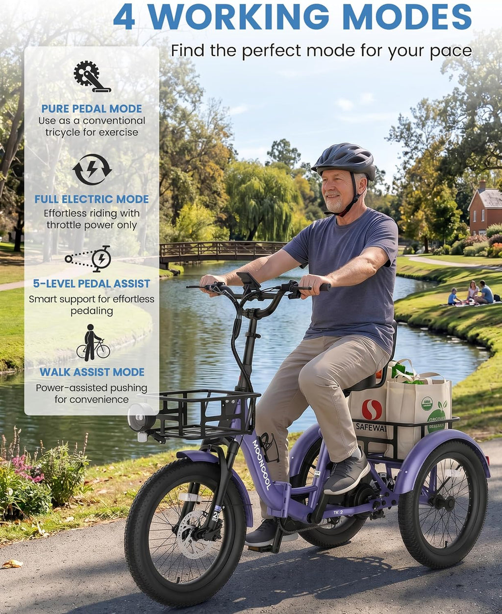 MOONCOOL Electric Trike for Adults, 500W/750W 48V Electric Tricycle for Adults, 20'x3.0' Fat Tire 3 Wheel Electric Bike, Folding Aluminum Adult Tricycle with Removable Battery