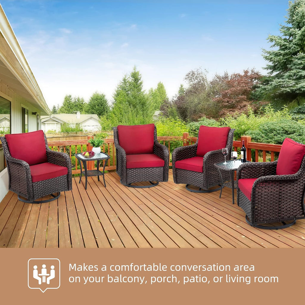 GarveeLife 3 Pieces Outdoor Swivel Chair Set, Upgraded Encrypted Rattan Wicker Swivel Rocker Patio Chairs, Thick Cushion and Side Table for Balcony, Porch, Backyard, Garden, Red