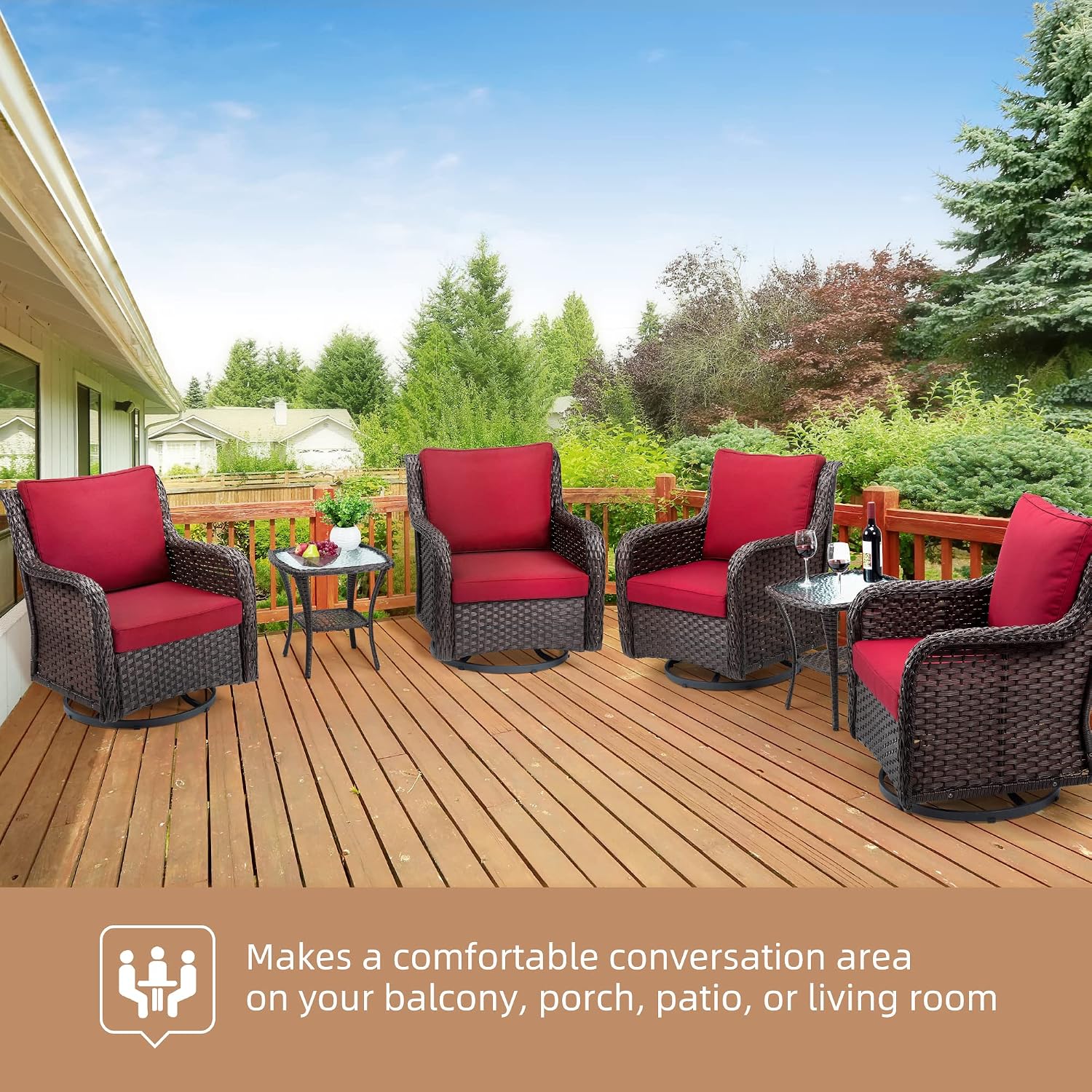 GarveeLife 3 Pieces Outdoor Swivel Chair Set, Upgraded Encrypted Rattan Wicker Swivel Rocker Patio Chairs, Thick Cushion and Side Table for Balcony, Porch, Backyard, Garden, Red