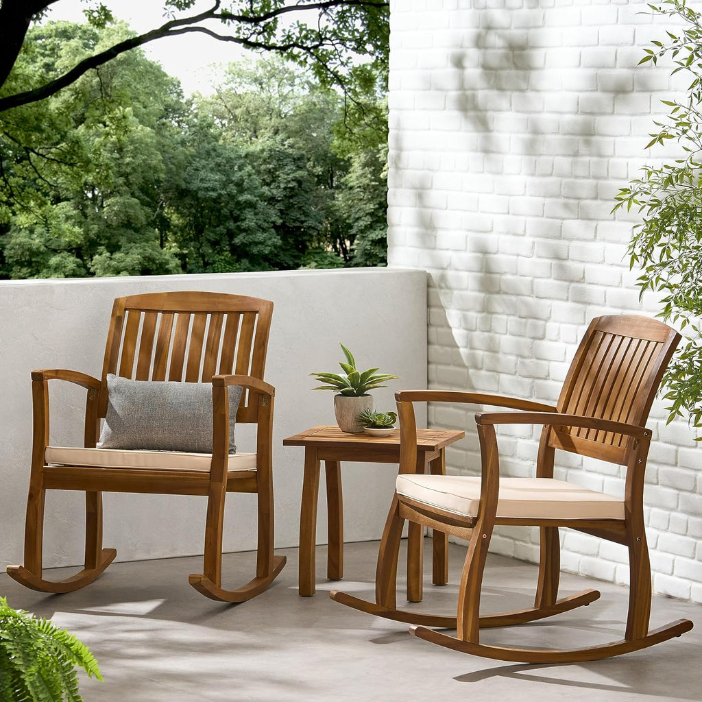 Christopher Knight Home Selma Acacia Rocking Chairs with Cushions, 2-Pcs Set, Teak Finish