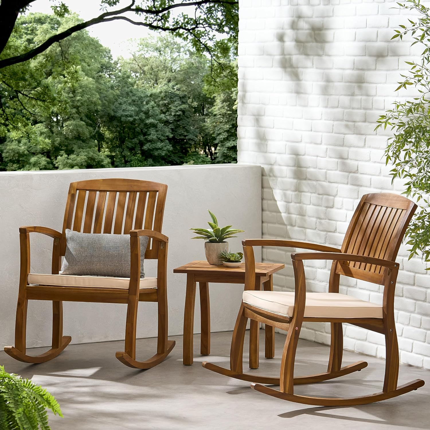 Christopher Knight Home Selma Acacia Rocking Chairs with Cushions, 2-Pcs Set, Teak Finish