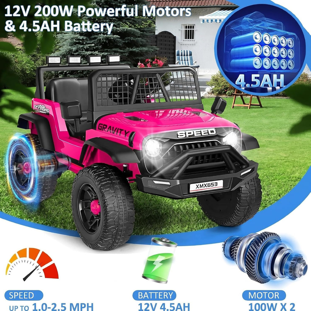 Hikole 12V Kids Electric Car with Remote Control, 1-Seater Ride on Truck Toy, Bluetooth Music, Dual Steering Wheel, Shock Absorbing Suspension, LED Lights & Safety Belt for Boys Girls Ages 3-6