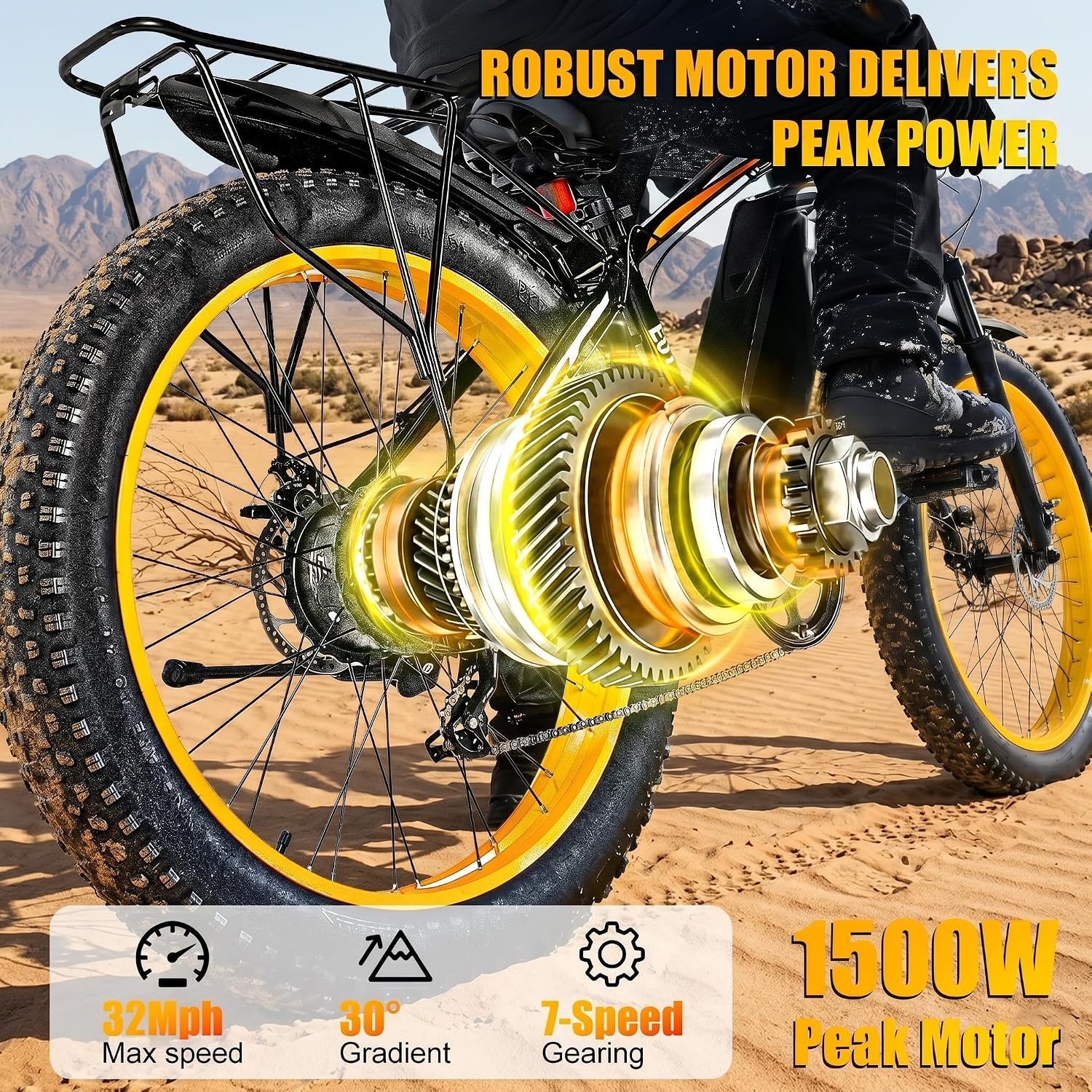 Electric Bike, 1500W Peak 30/33 MPH 26' Fat Tire Electric Bicycle, 60/70 Miles Snow Off-Road E Bike for Adults, Removable Battery, Dual Brake, 7 Speed