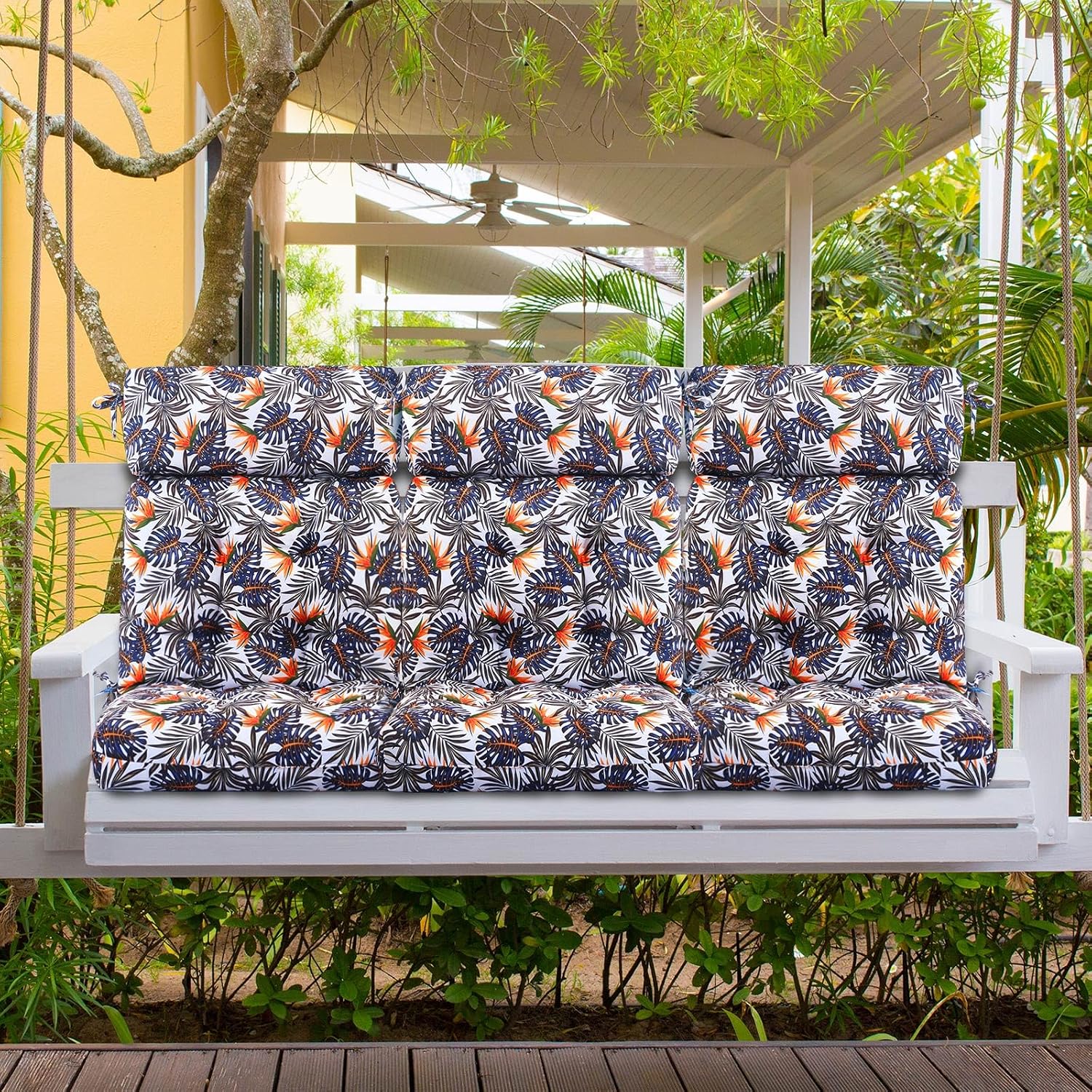 Barydat 4 Pcs Tufted High Back Chair Cushion Indoor Outdoor Seat and Back Cushions Palm Leaves Tropical Plants Lawn Rocking Chair Pads with Ties for Adirondack Patio Garden(Brown Blue)