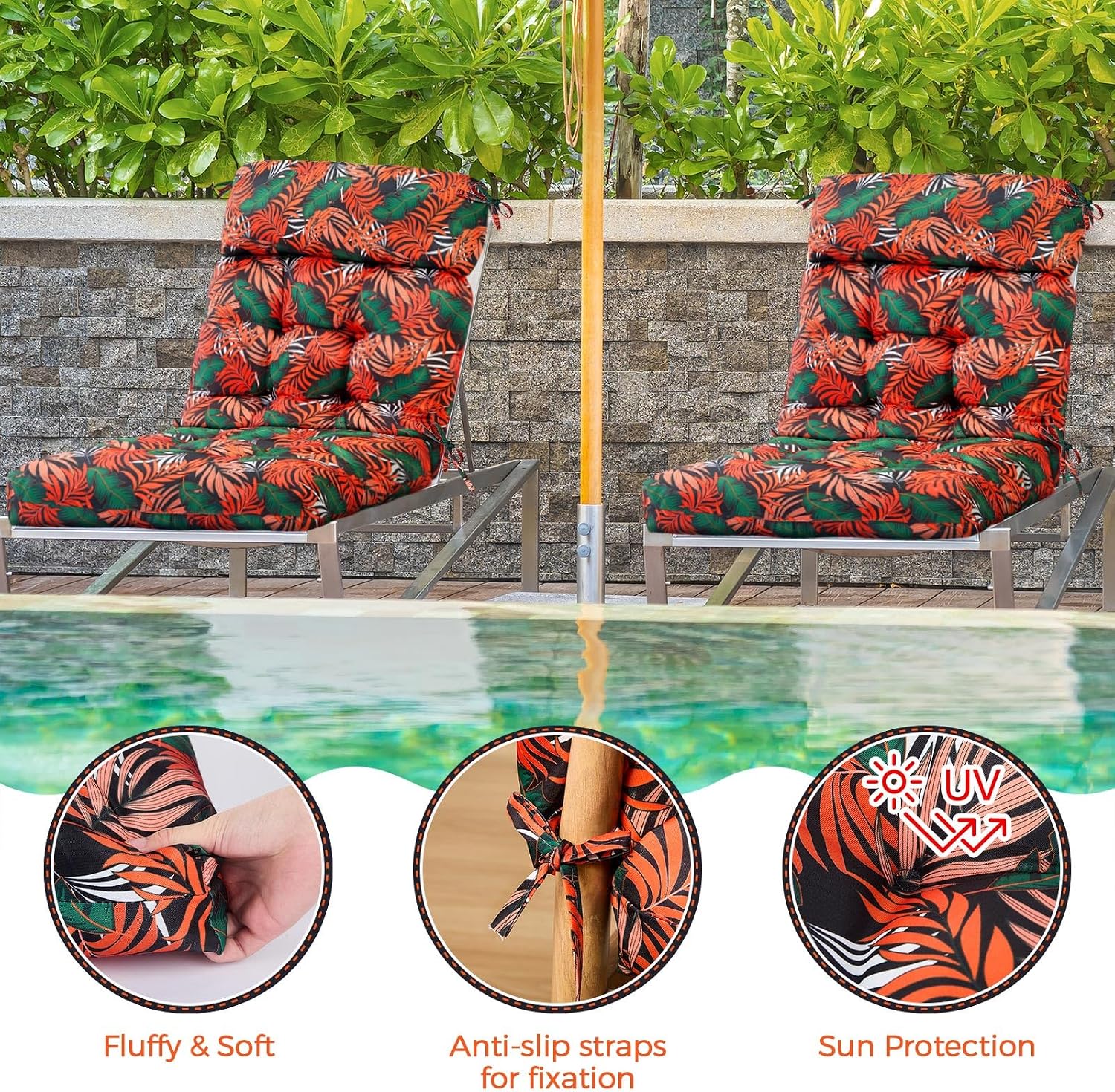 Barydat 4 Pcs Tufted High Back Chair Cushion Indoor Outdoor Seat and Back Cushions Palm Leaves Tropical Plants Lawn Rocking Chair Pads with Ties for Adirondack Patio Garden(Orange Green)