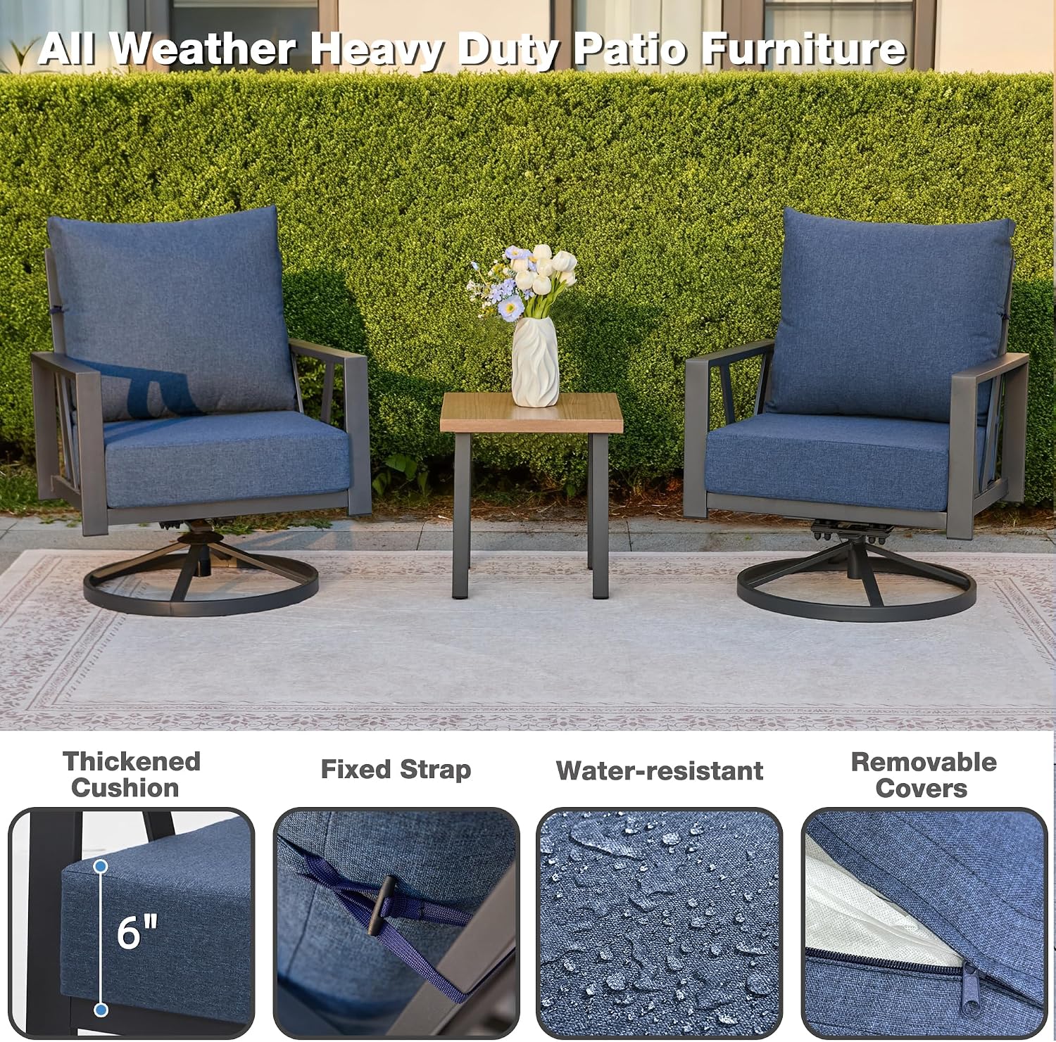 Outdoor Patio Swivel Rocking Chairs Set, Patio Porch Furniture with 6' Thick Cushions, 3 Pieces Outdoor Bistro Set with Coffee Table for Balcony, 350lbs, Blue