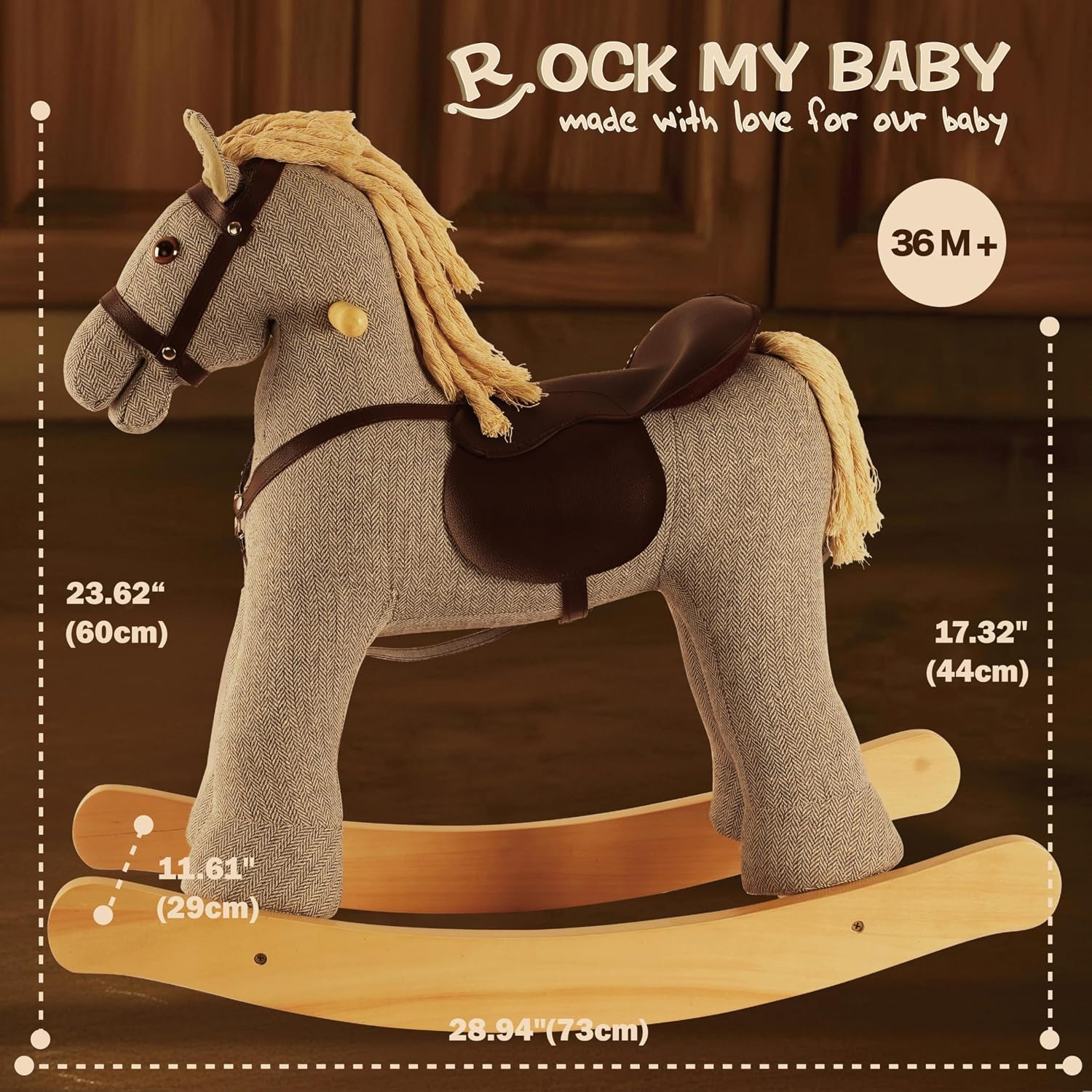 Rock My Baby Rocking Horse, Gray Wooden Rocking Toy, Rocking Animals for Children 2-6 Years Old, Ride on Pony with Realistic Sound, CPC Certified