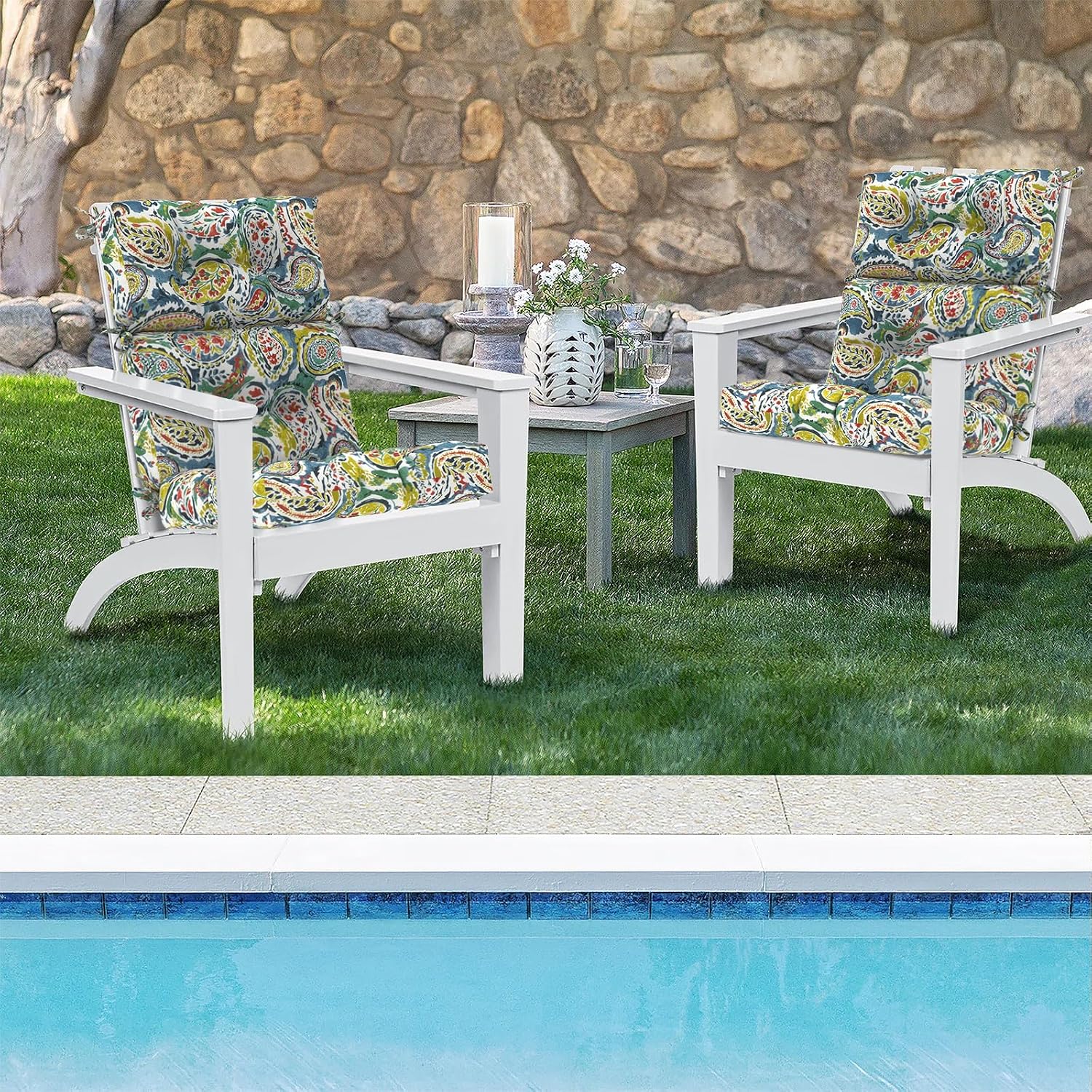 DYTXIII Outdoor High Back Chair Cushions Set of 2, Water Repellent Tufted Rocking Seat Cushions Replacement 44 x 22 Inch, Seat & Back Chair Pads for Patio, Balcony and Indoor Use -Paisley Paradise