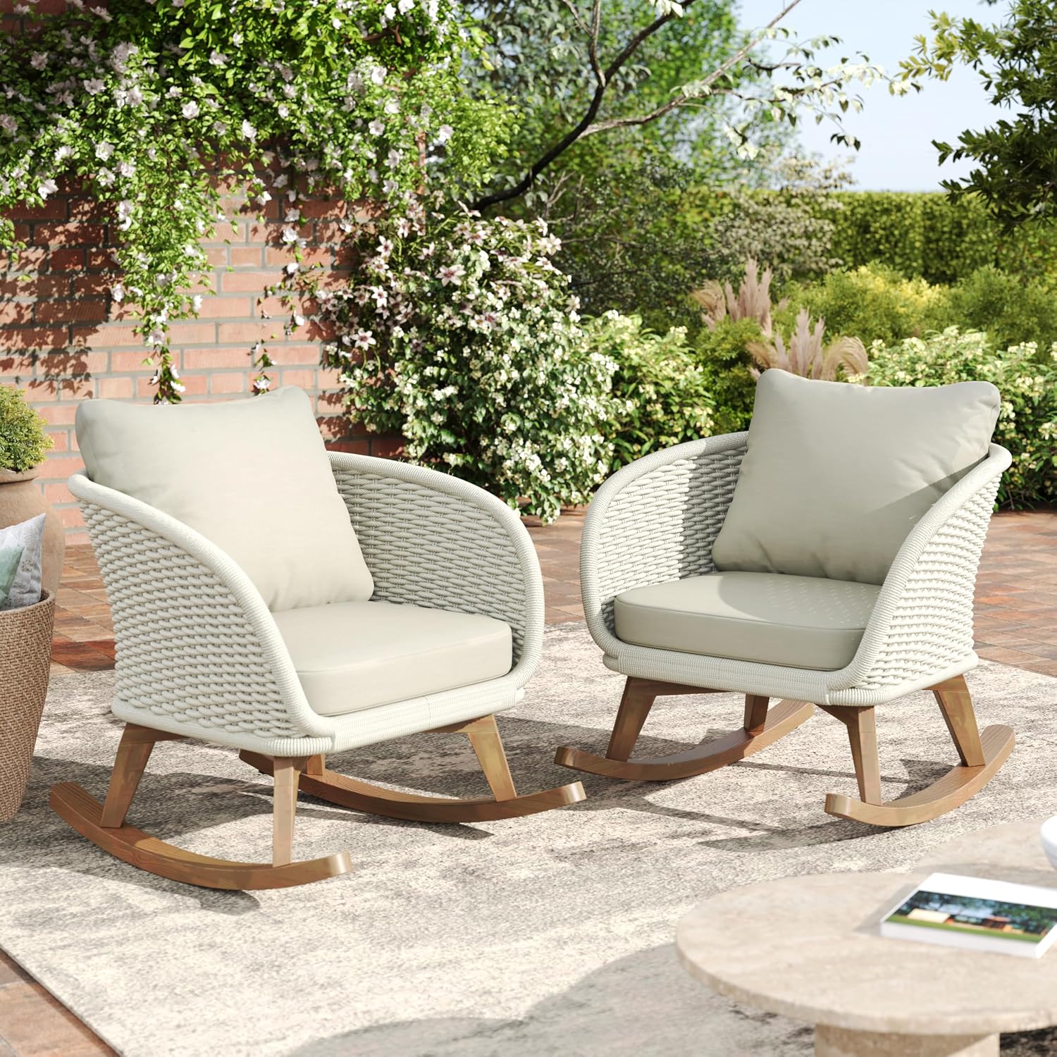 Merax Set of 2 Outdoor Rocking Chairs, Durable Solid Wood Frame + Wicker Backrests + Soft Polyester Cushions, Contemporary Minimalist Chair for Patio Balcony or Living Room, Beige