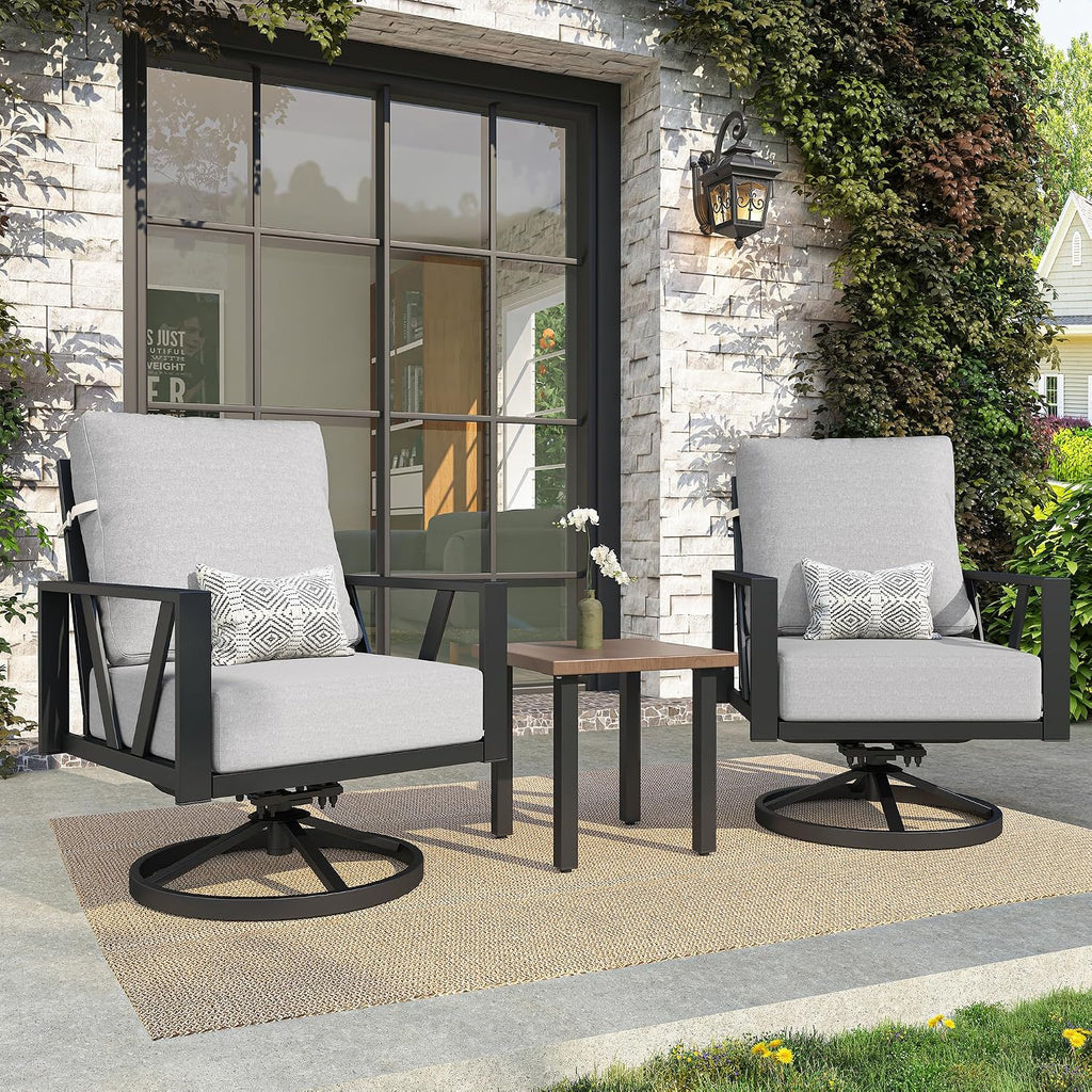 Outdoor Patio Swivel Rocking Chairs Set, Front Porch Furniture with 6' Thick Cushions, 3 Pieces Outdoor Bistro Set with Coffee Table, 350lbs, Light Grey