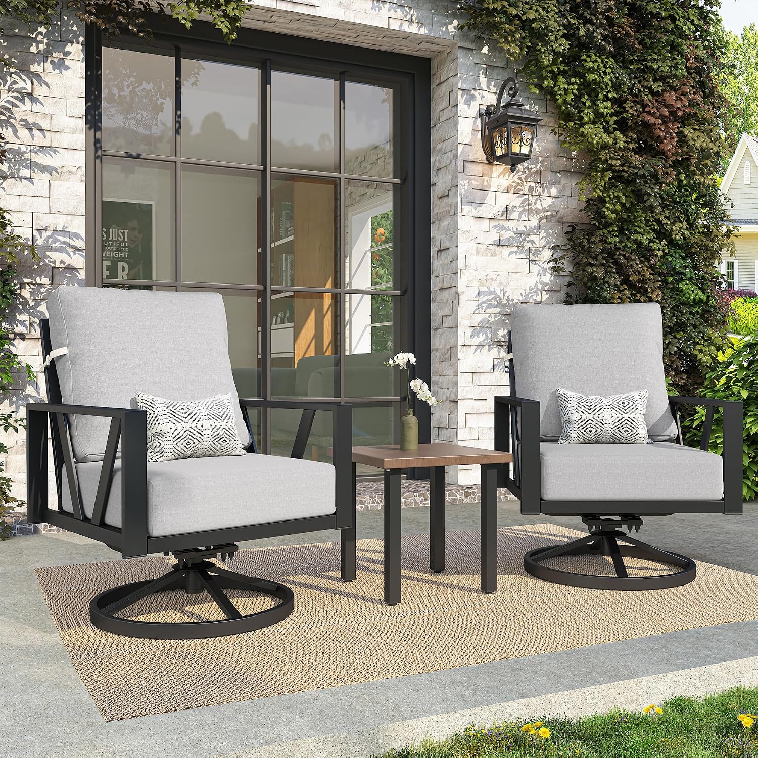 Outdoor Patio Swivel Rocking Chairs Set, Front Porch Furniture with 6' Thick Cushions, 3 Pieces Outdoor Bistro Set with Coffee Table, 350lbs, Light Grey