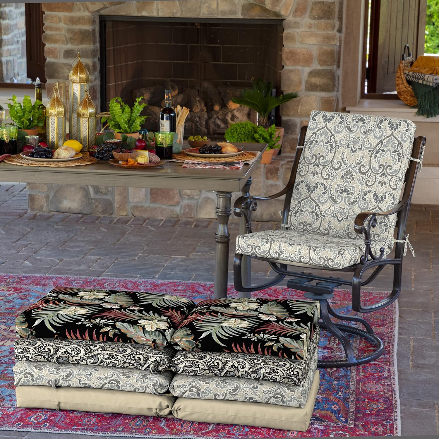 Arden 4-Pack Outdoor Patio Dining Chair Cushion, 20x44, Rain-Proof Seat Pad, Fade-Resistant Outdoor Cushion Neutral Aurora Damask