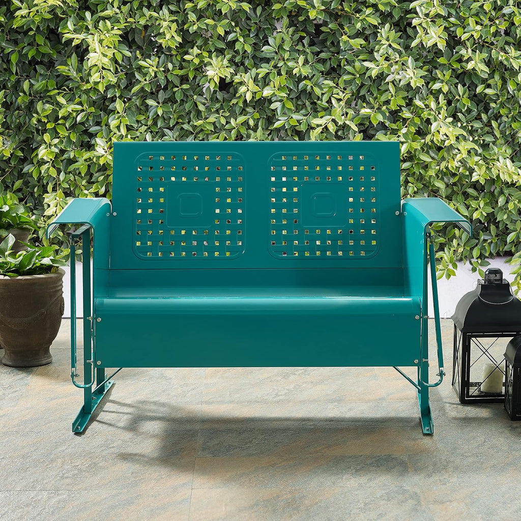 Crosley Furniture Bates Retro Metal Outdoor Loveseat Glider, 2-Person Rocking Patio Bench for Porch, Deck, Turquoise Gloss