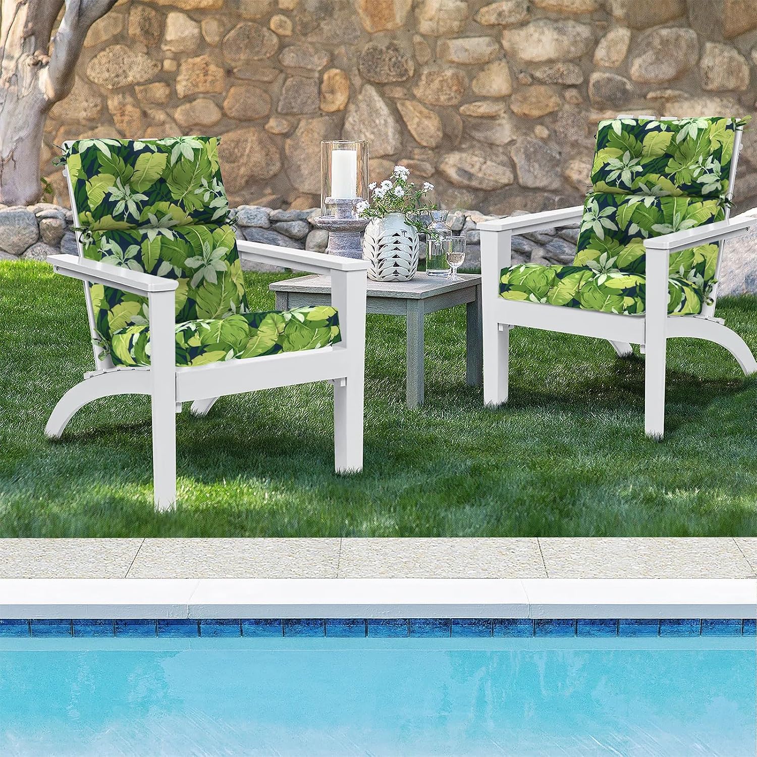 DYTXIII Outdoor High Back Chair Cushions Set of 2, Water Repellent Tufted Rocking Seat Cushions Replacement 44 x 22 Inch, Seat & Back Chair Pads for Patio, Balcony and Indoor Use -Jungle Leaves