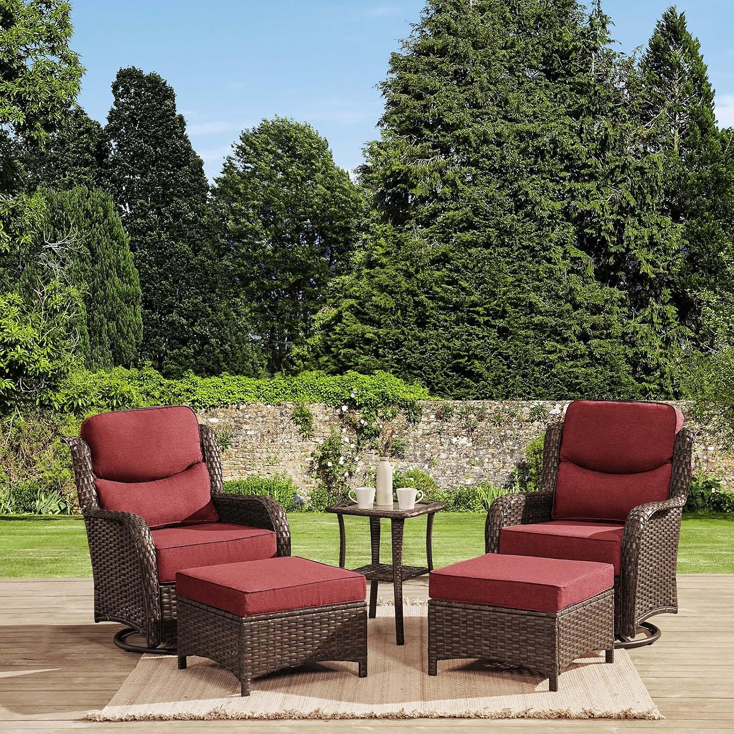 HILLGA Luxury Outdoor Swivel Rocker Patio Chairs of 2 with 6 Inch Thick Cushions and Side Table, Swivel Outdoor Chairs 5PCS High Back Wicker Patio Furniture Set for Porch, Balcony, Deck in Burgundy