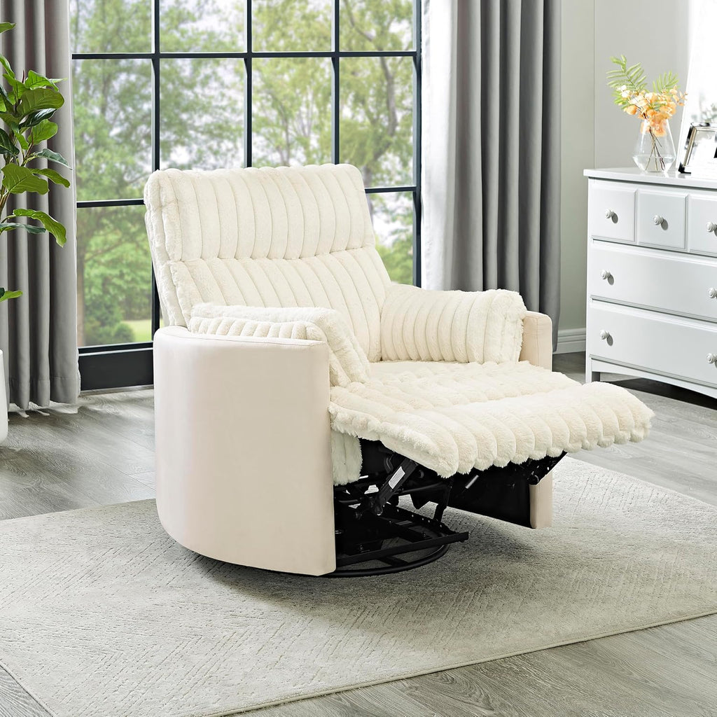 Power Swivel Rocker Recliner for Adults, Cozy Corduroy Recliner Chair with 2 Pillows for Bedroom, Electric Glider Rocking Nursery Chairs for Living Room (Beige)