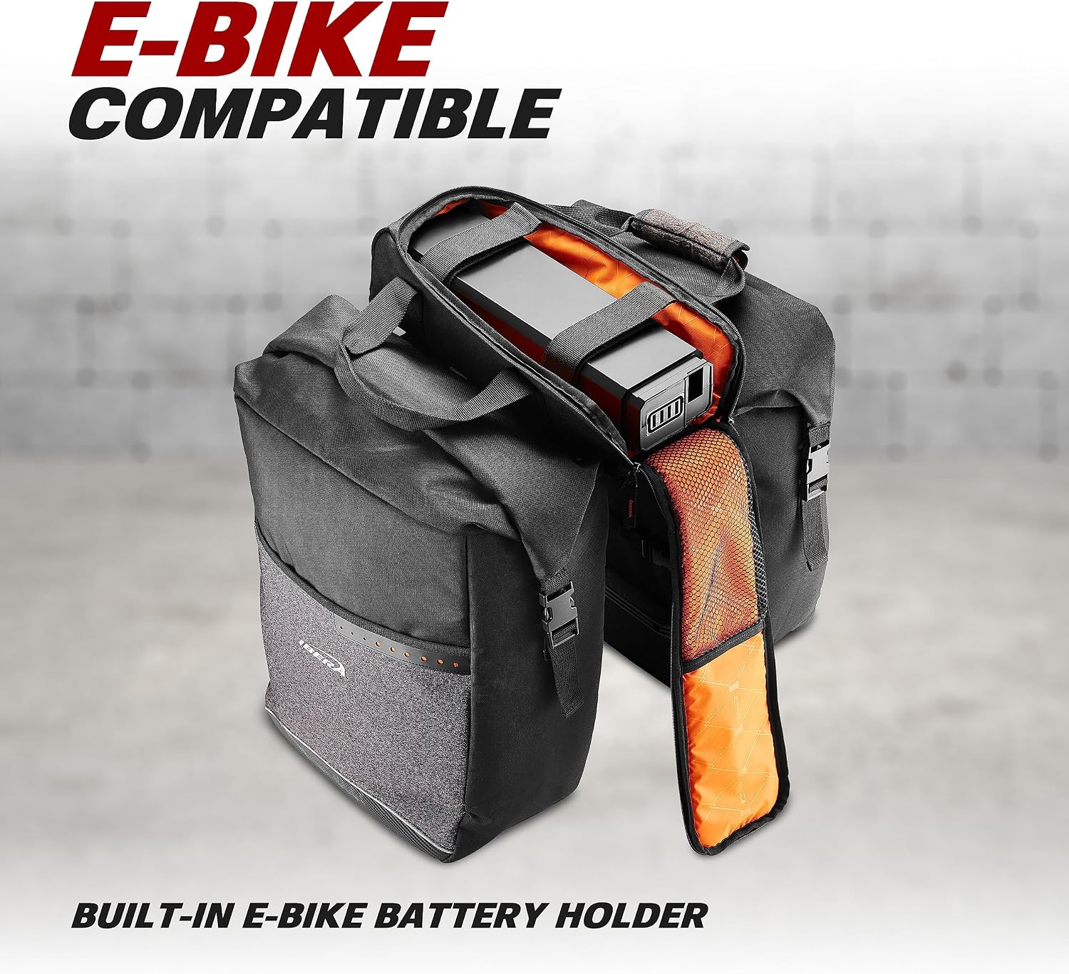 Ibera Bike Bag MIK Panniers 52.7L for Ebikes - Clip-On bike Bags For Bicycles with Built-in Battery Holder & Rain Cover - Water-Resistant Bike Rack Bag with Reflective Trim - ONLY FOR MIK RACKS