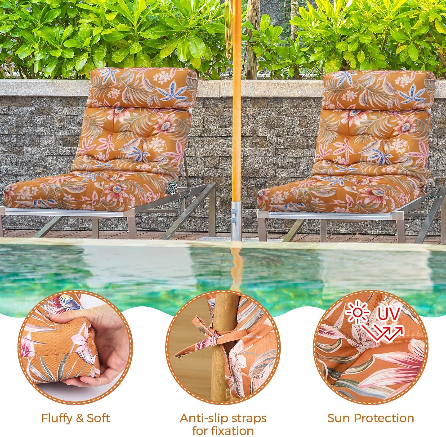 Barydat 4 Pcs Tufted High Back Chair Cushion Indoor Outdoor Seat and Back Cushions Palm Leaves Tropical Plants Lawn Rocking Chair Pads with Ties for Adirondack Patio Garden(Yellow Flower)