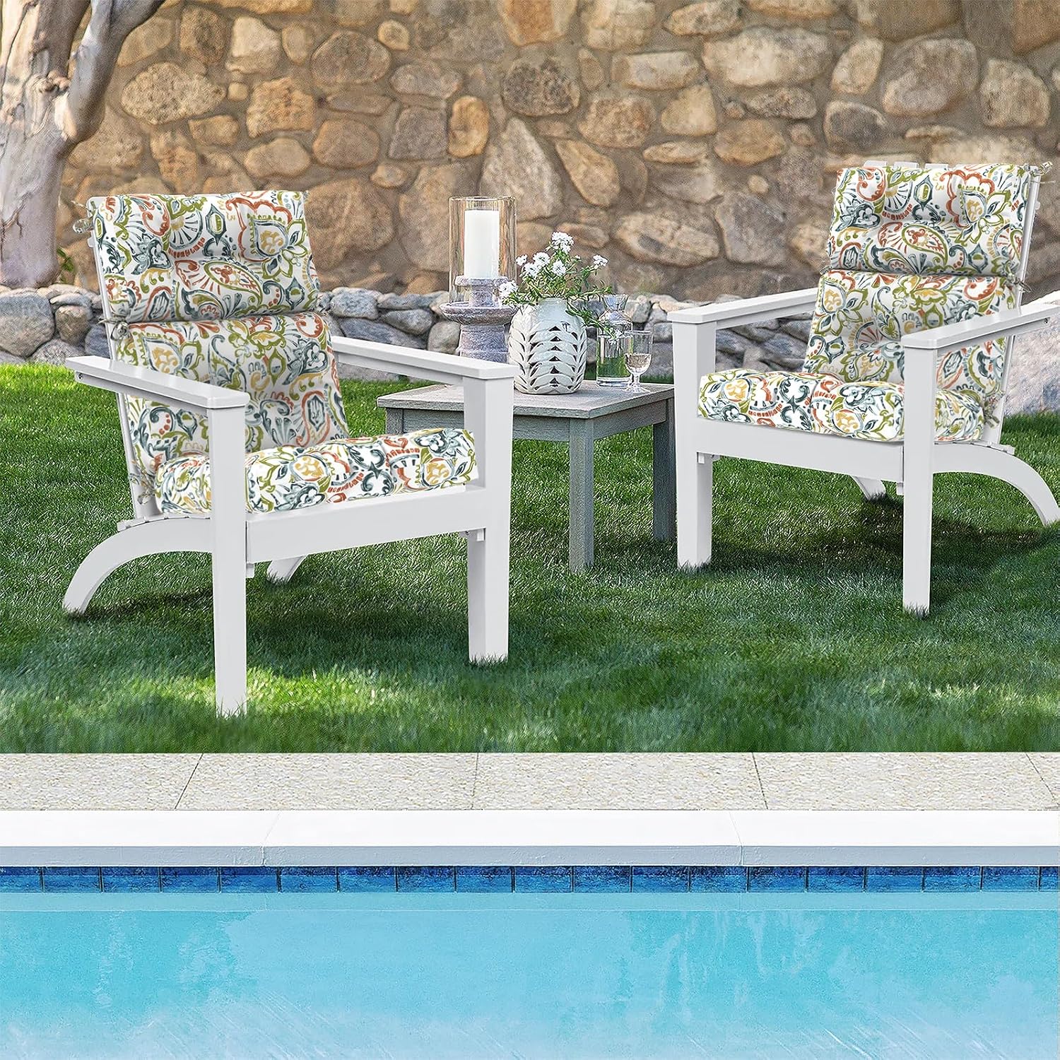 DYTXIII Outdoor High Back Chair Cushions Set of 2, Water Repellent Tufted Rocking Seat Cushions Replacement 44 x 22 Inch, Seat & Back Chair Pads for Patio, Balcony and Indoor Use -Paisley Botanical