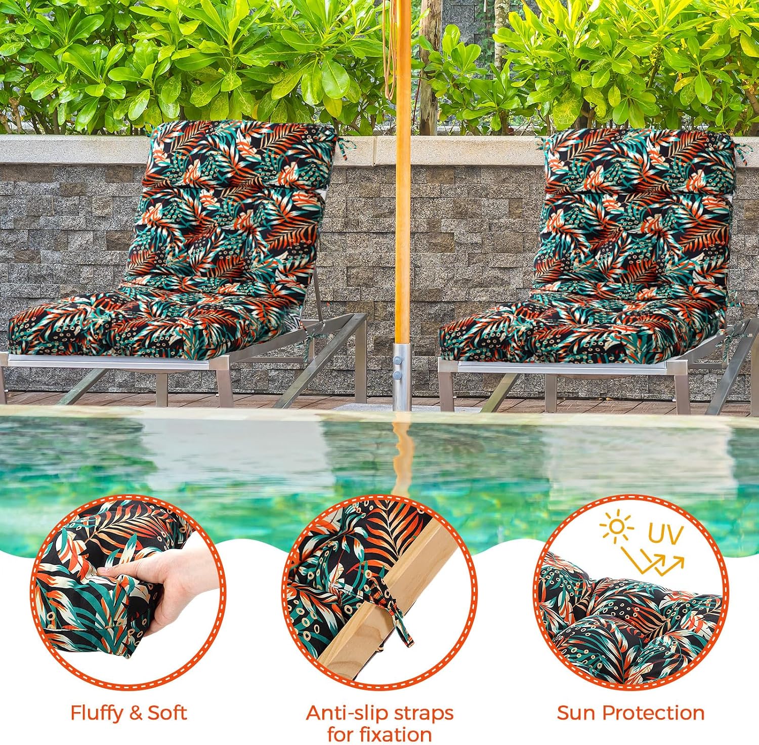 Barydat 4 Pcs Tufted High Back Chair Cushion Indoor Outdoor Seat and Back Cushions Palm Leaves Tropical Plants Lawn Rocking Chair Pads with Ties for Adirondack Patio Garden (Simple Style)