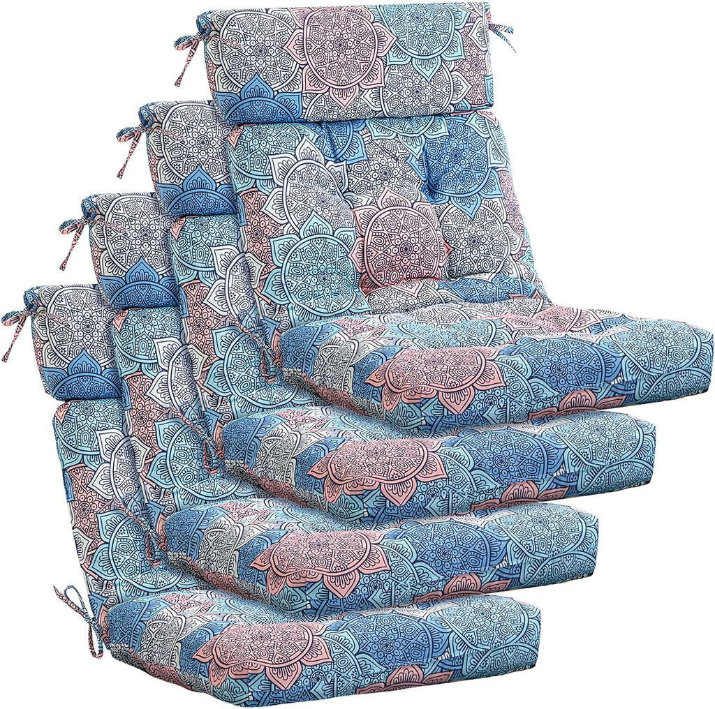 Barydat 4 Pcs Tufted High Back Chair Cushion Indoor Outdoor Seat and Back Cushions Palm Leaves Tropical Plants Lawn Rocking Chair Pads with Ties for Adirondack Patio Garden(Blue Flower)