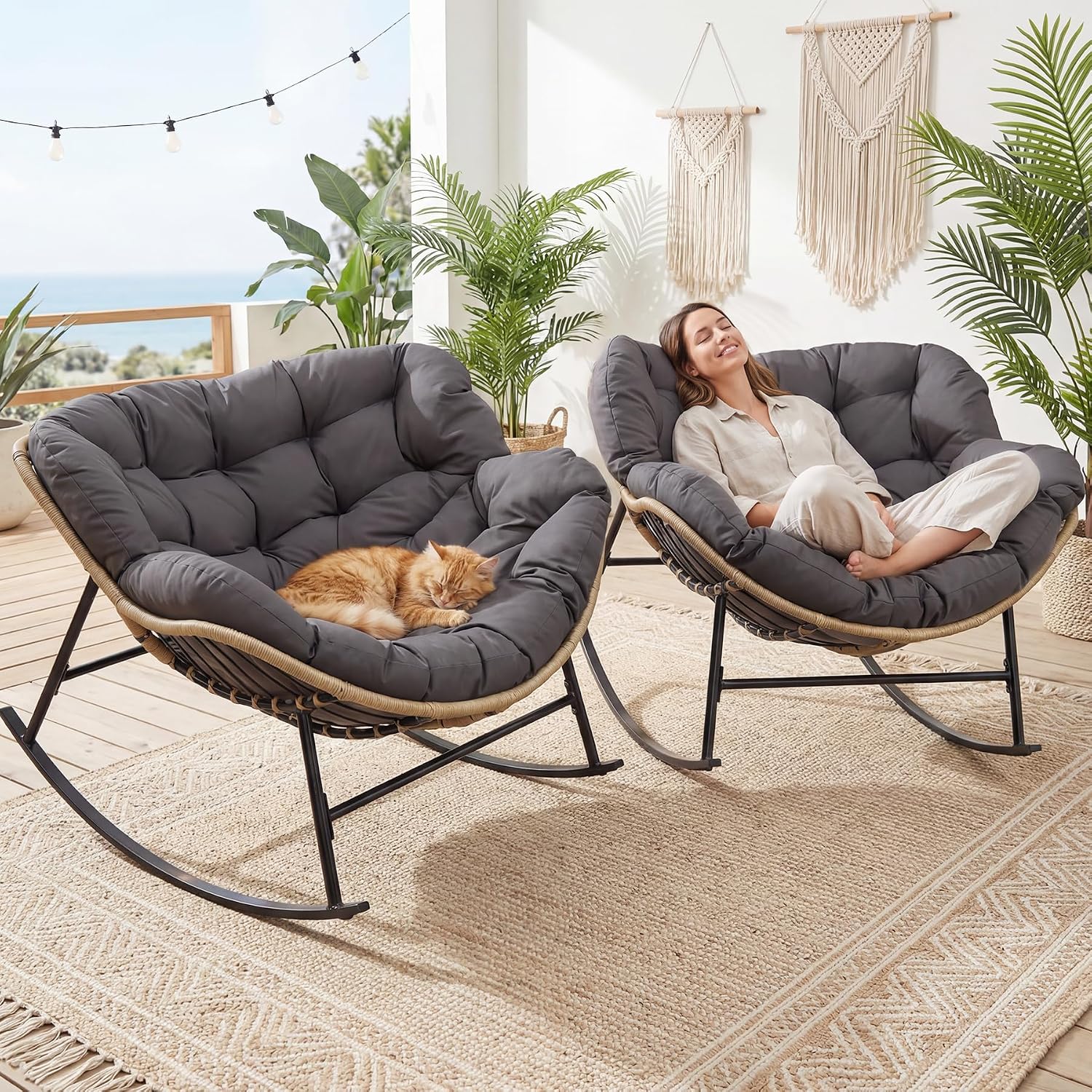 BULEXYARD Oversized Patio Egg Chairs for 2 Person, Double Papasan Rocking Chair with Cushion, 450 Lbs Heavy Duty, PE Wicker Comfy Recliner, Indoor Outdoor Papasan Rocker for Deck, Livingroom, Gray