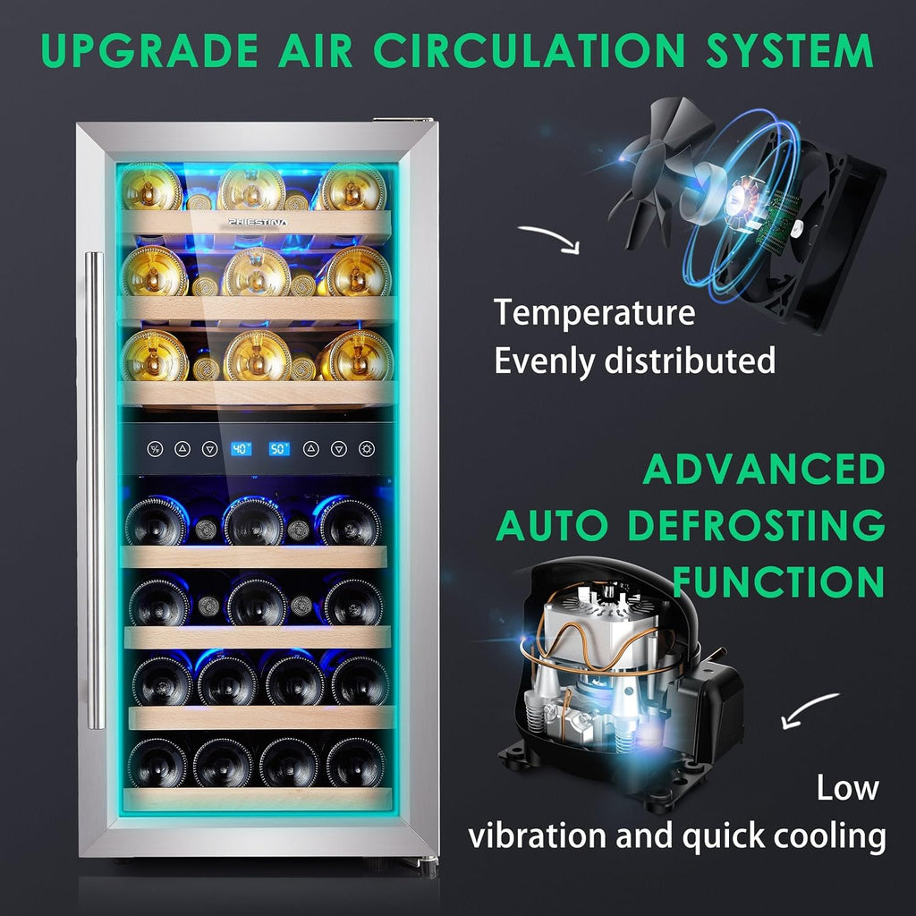 Wine Fridge 15/16 Inch 33 Bottle Dual Zone Wine Cooler, 40-66℉ Freestanding Glass Door Wine Refrigerator with 7 Wooden Shelves, Blue LED Light for Red/White