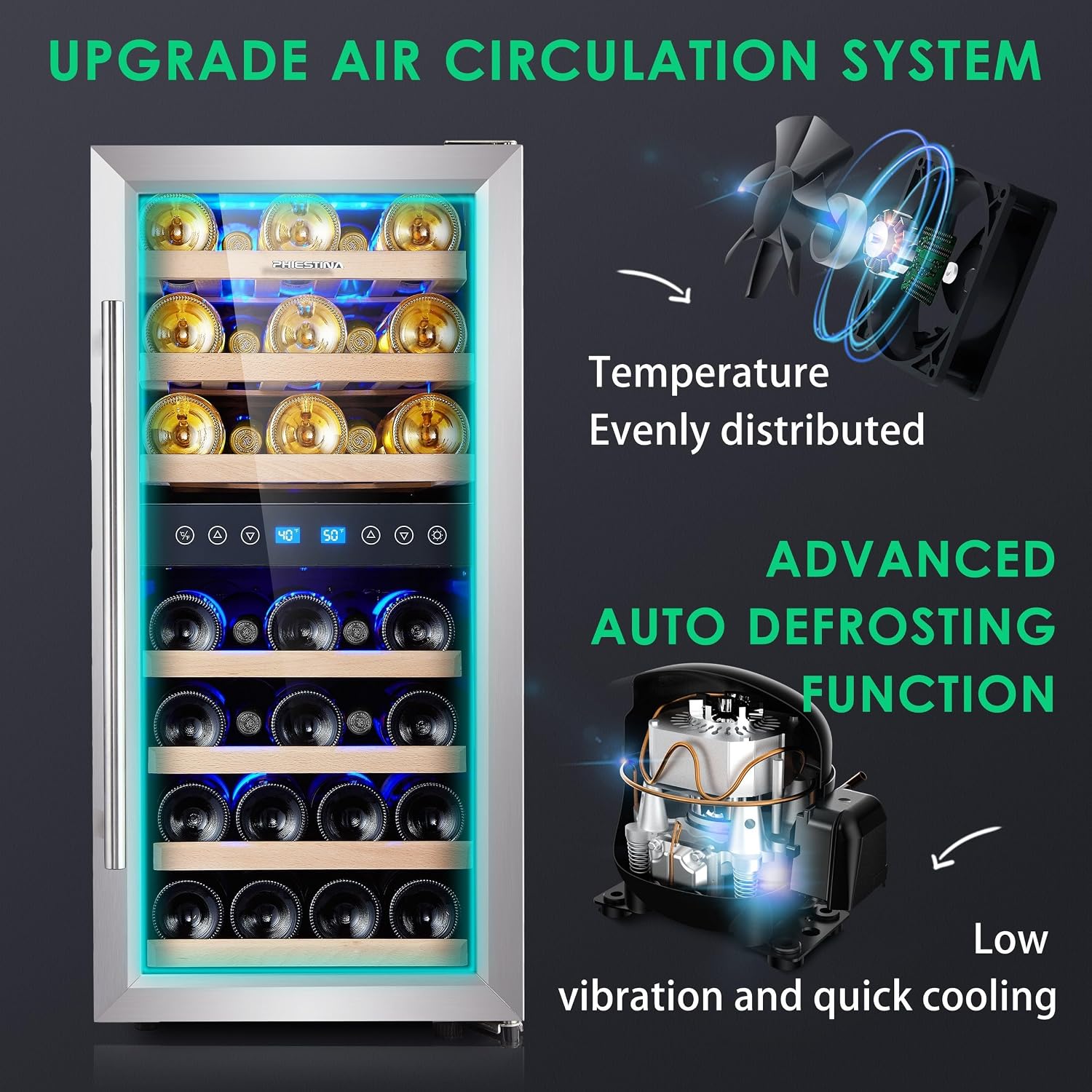 Wine Fridge 15/16 Inch 33 Bottle Dual Zone Wine Cooler, 40-66℉ Freestanding Glass Door Wine Refrigerator with 7 Wooden Shelves, Blue LED Light for Red/White