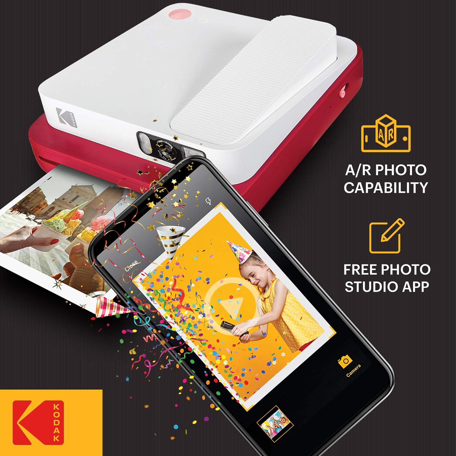 Zink KODAK Smile Classic Digital Instant Camera for 3.5 x 4.25 Zink Photo Paper - Bluetooth, 16MP Pictures (Red)