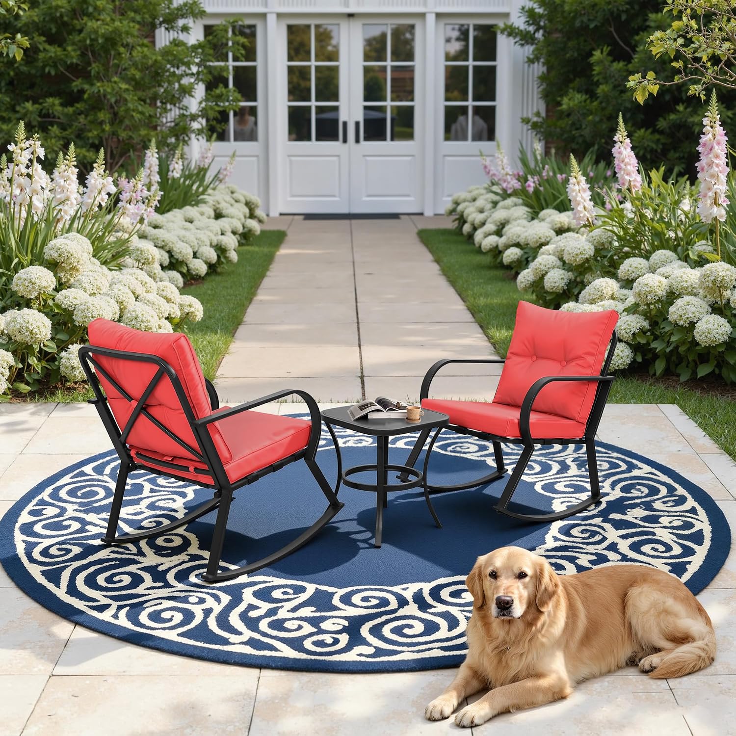 Oakcloud Oakmont Outdoor Furniture 3 Piece Conversation Bistro Set Rocking Chairs and Glass Top Table, Thick Cushions, Black Steel (Red)