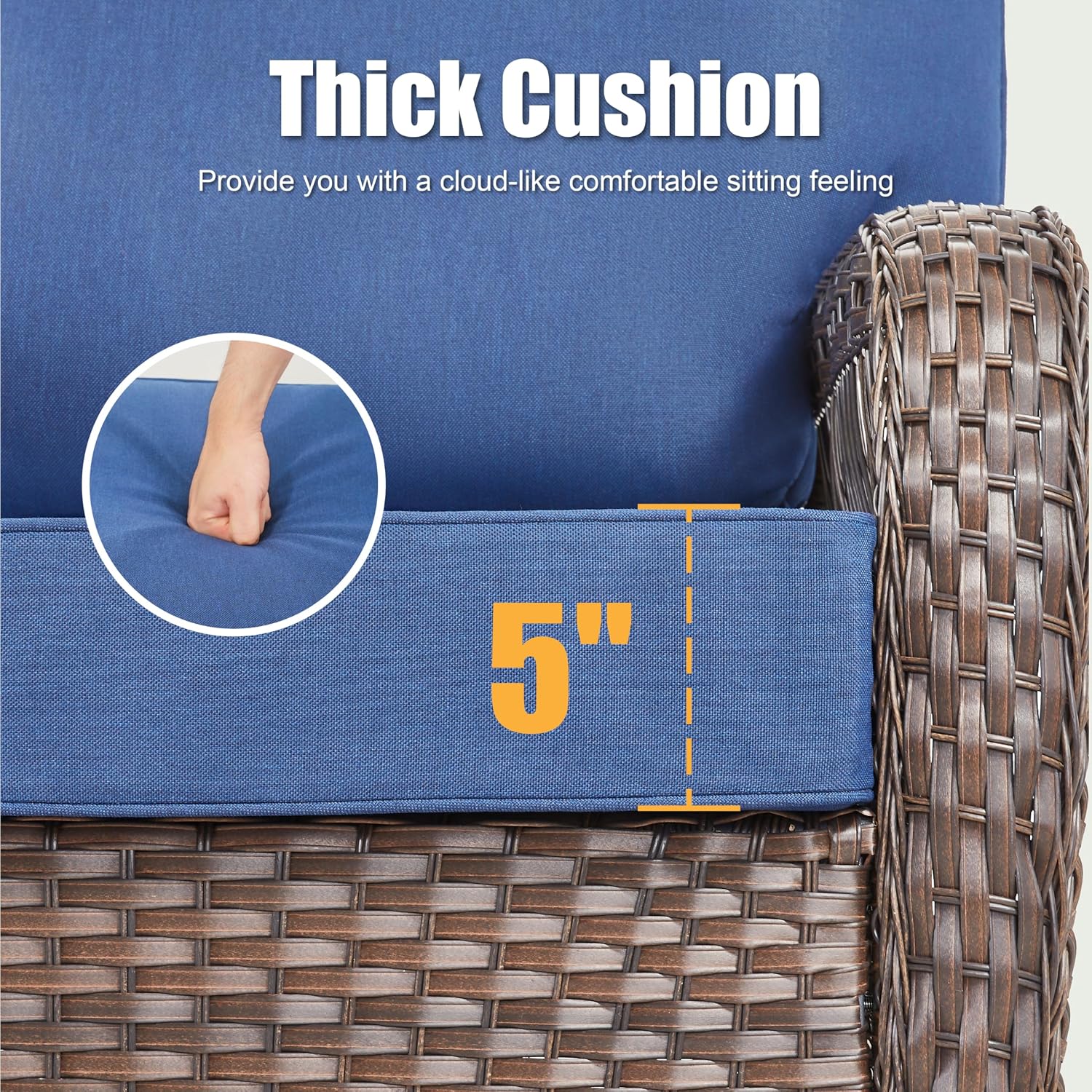 75'' Outdoor Patio Couch Wicker Sofa, All Weather Rattan 3 Seater Sofa High Back Couch with Deep Seating and Removable Cover, Outdoor Patio Furniture for Deck Porch Sunroom Backyard, Blue